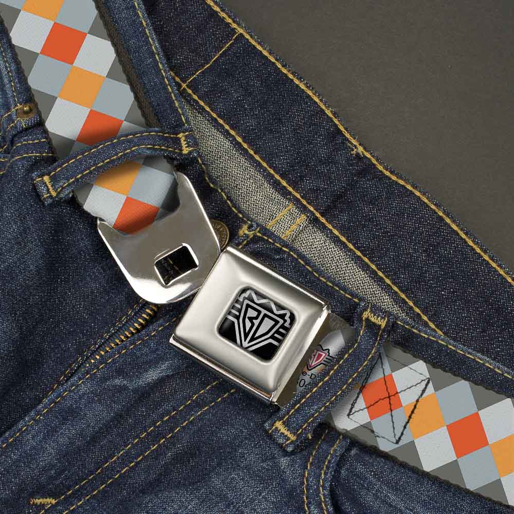 BD Wings Logo CLOSE-UP Full Color Black Silver Seatbelt Belt - Diamond Plaid Grays/Orange Webbing Seatbelt Belts Buckle-Down