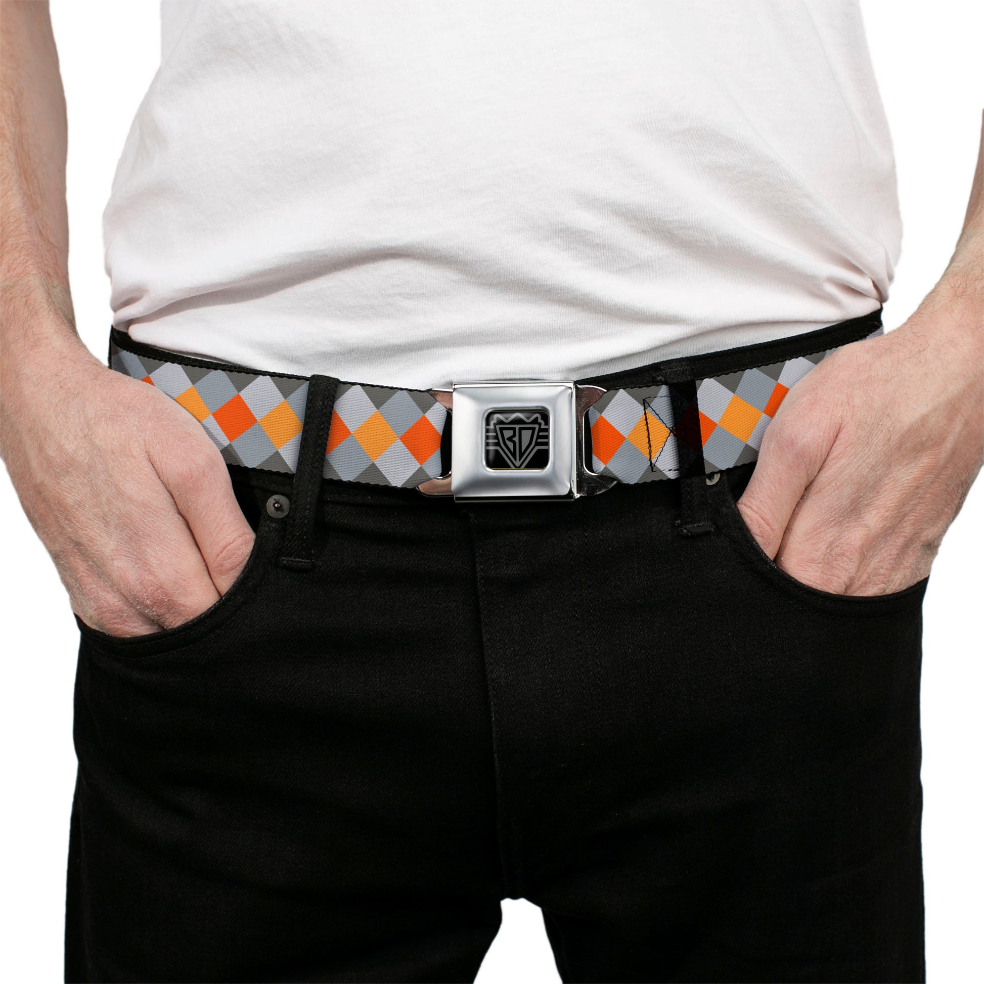 BD Wings Logo CLOSE-UP Full Color Black Silver Seatbelt Belt - Diamond Plaid Grays/Orange Webbing Seatbelt Belts Buckle-Down