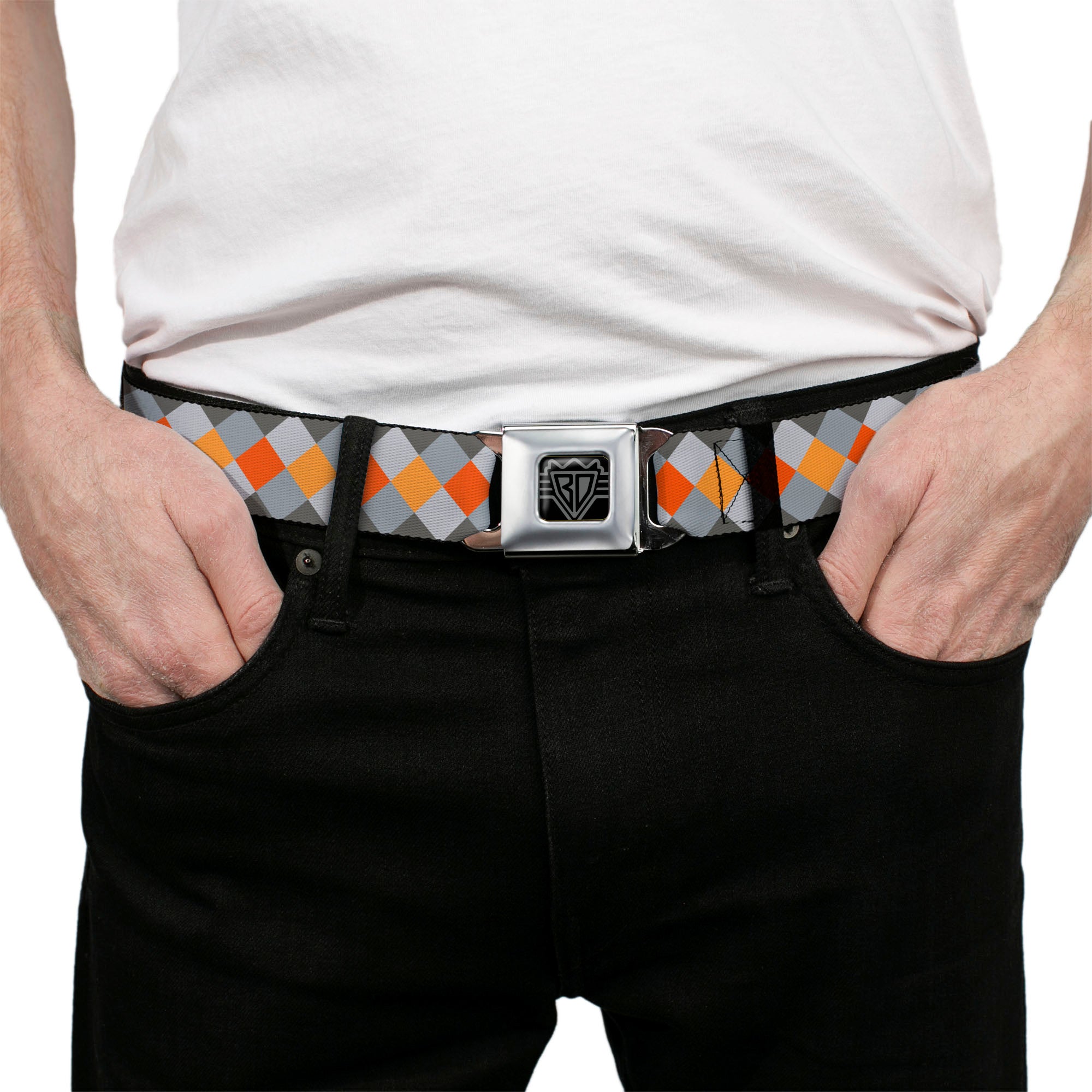 BD Wings Logo CLOSE-UP Full Color Black Silver Seatbelt Belt - Diamond Plaid Grays/Orange Webbing Seatbelt Belts Buckle-Down
