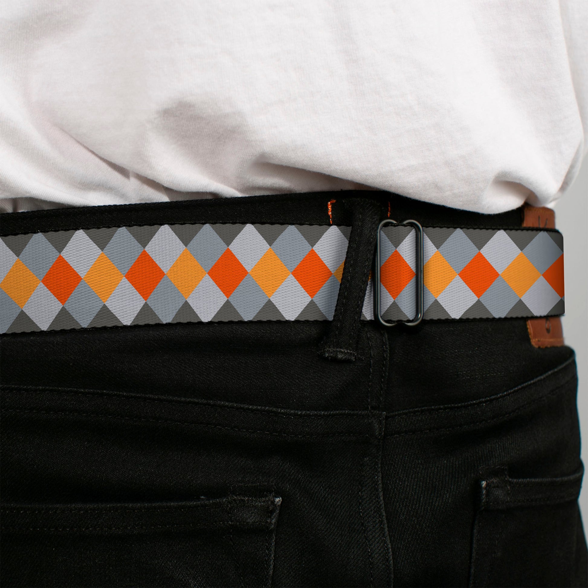 BD Wings Logo CLOSE-UP Full Color Black Silver Seatbelt Belt - Diamond Plaid Grays/Orange Webbing Seatbelt Belts Buckle-Down