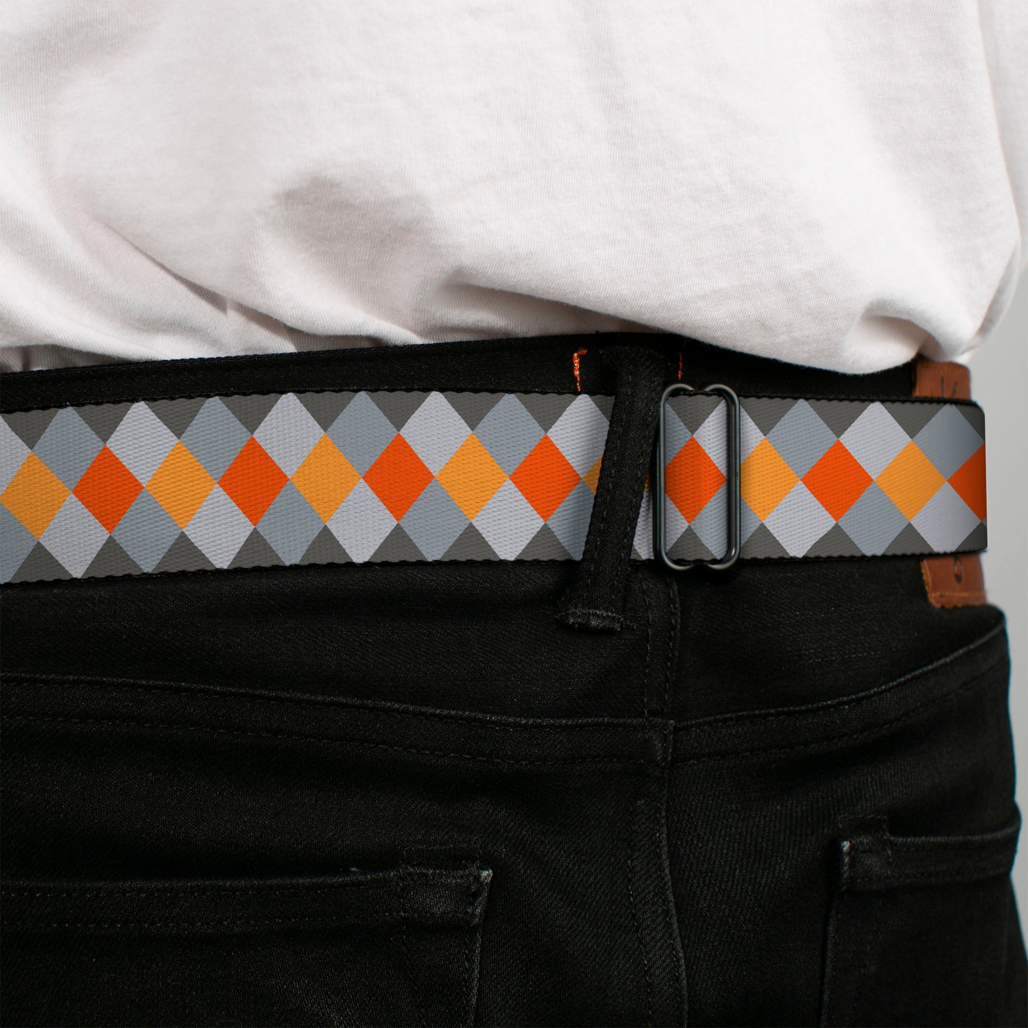 BD Wings Logo CLOSE-UP Full Color Black Silver Seatbelt Belt - Diamond Plaid Grays/Orange Webbing Seatbelt Belts Buckle-Down