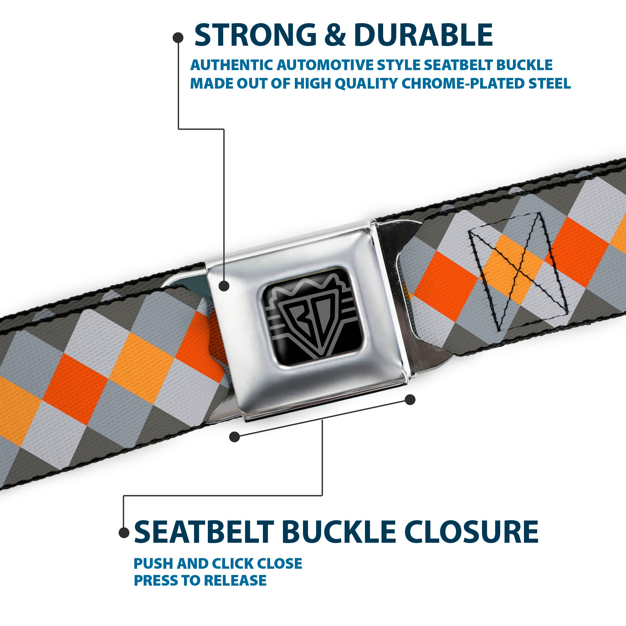 BD Wings Logo CLOSE-UP Full Color Black Silver Seatbelt Belt - Diamond Plaid Grays/Orange Webbing Seatbelt Belts Buckle-Down