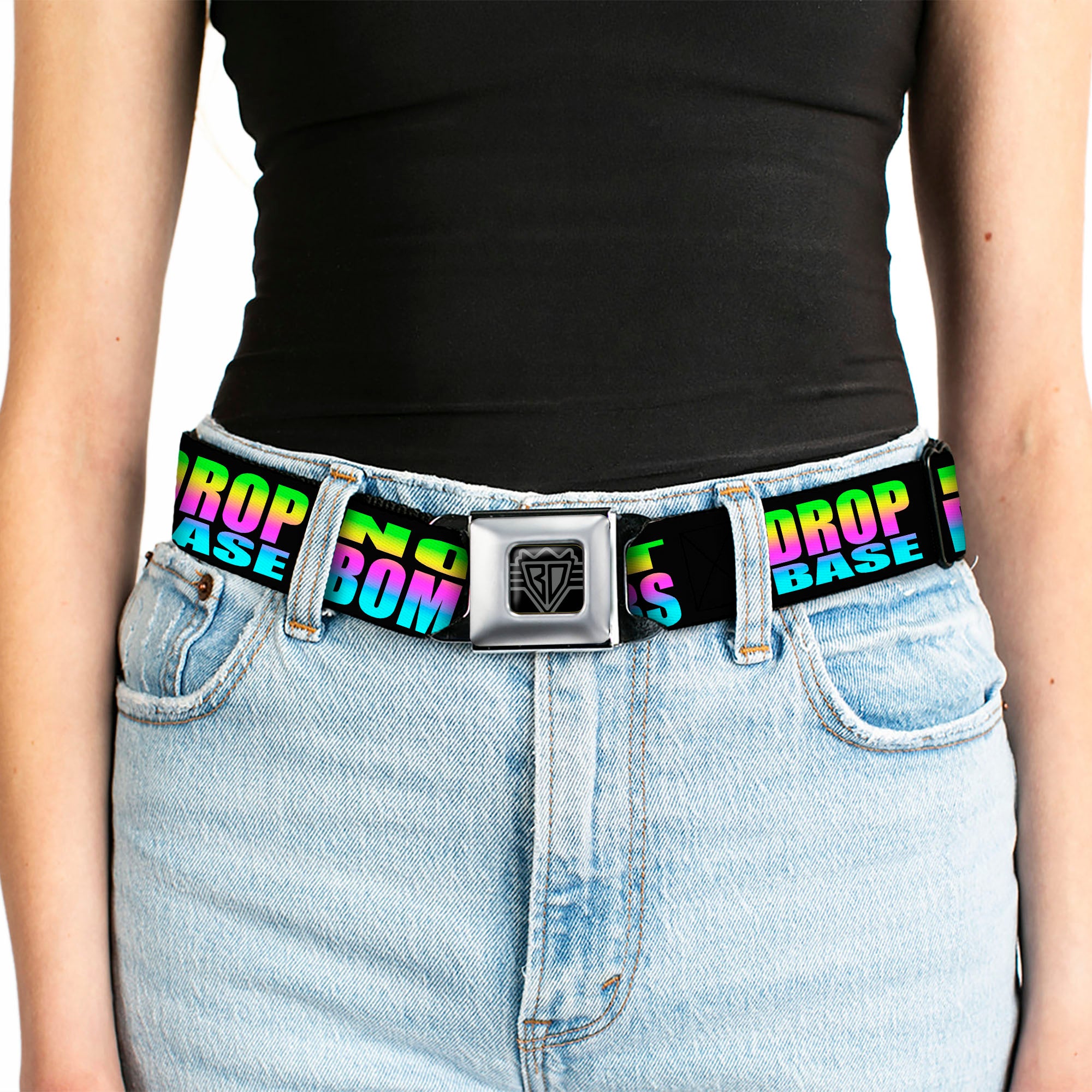 BD Wings Logo CLOSE-UP Full Color Black Silver Seatbelt Belt - DROP BASS NOT BOMBS Black/Rainbow Webbing Seatbelt Belts Buckle-Down