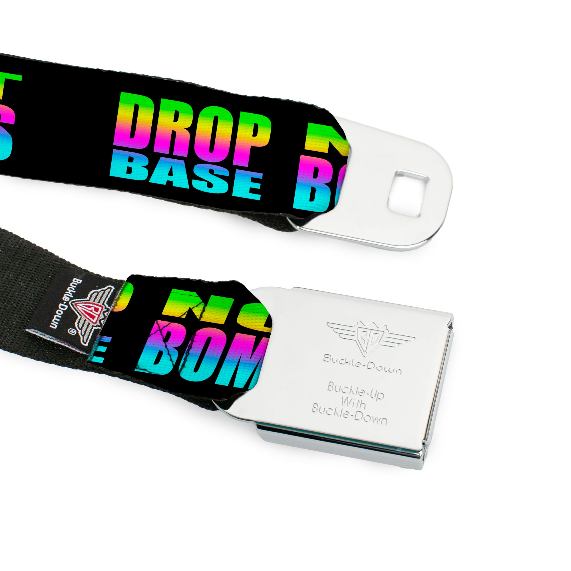 BD Wings Logo CLOSE-UP Full Color Black Silver Seatbelt Belt - DROP BASS NOT BOMBS Black/Rainbow Webbing Seatbelt Belts Buckle-Down