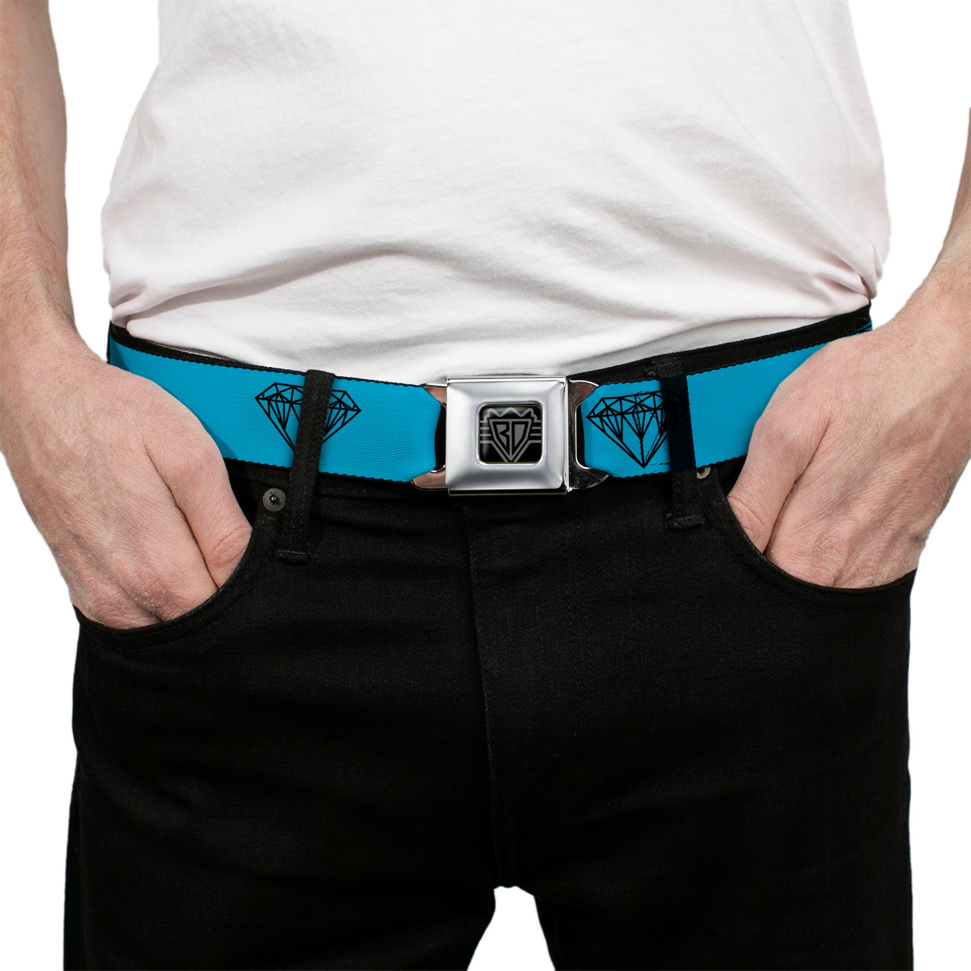 BD Wings Logo CLOSE-UP Full Color Black Silver Seatbelt Belt - Diamond Sketch Turquoise/Black Webbing Seatbelt Belts Buckle-Down