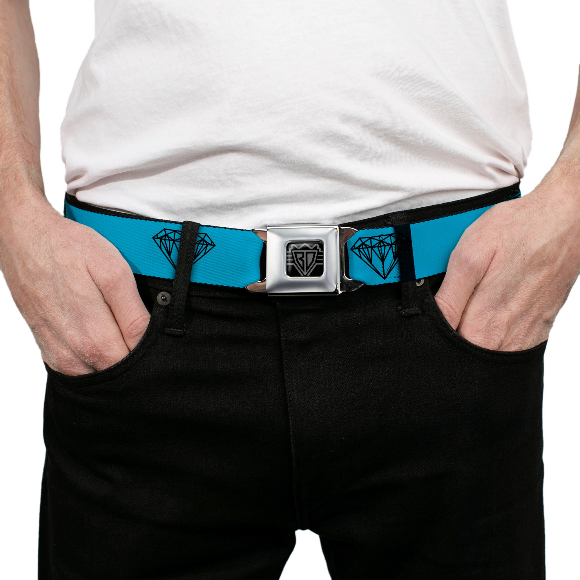 BD Wings Logo CLOSE-UP Full Color Black Silver Seatbelt Belt - Diamond Sketch Turquoise/Black Webbing Seatbelt Belts Buckle-Down