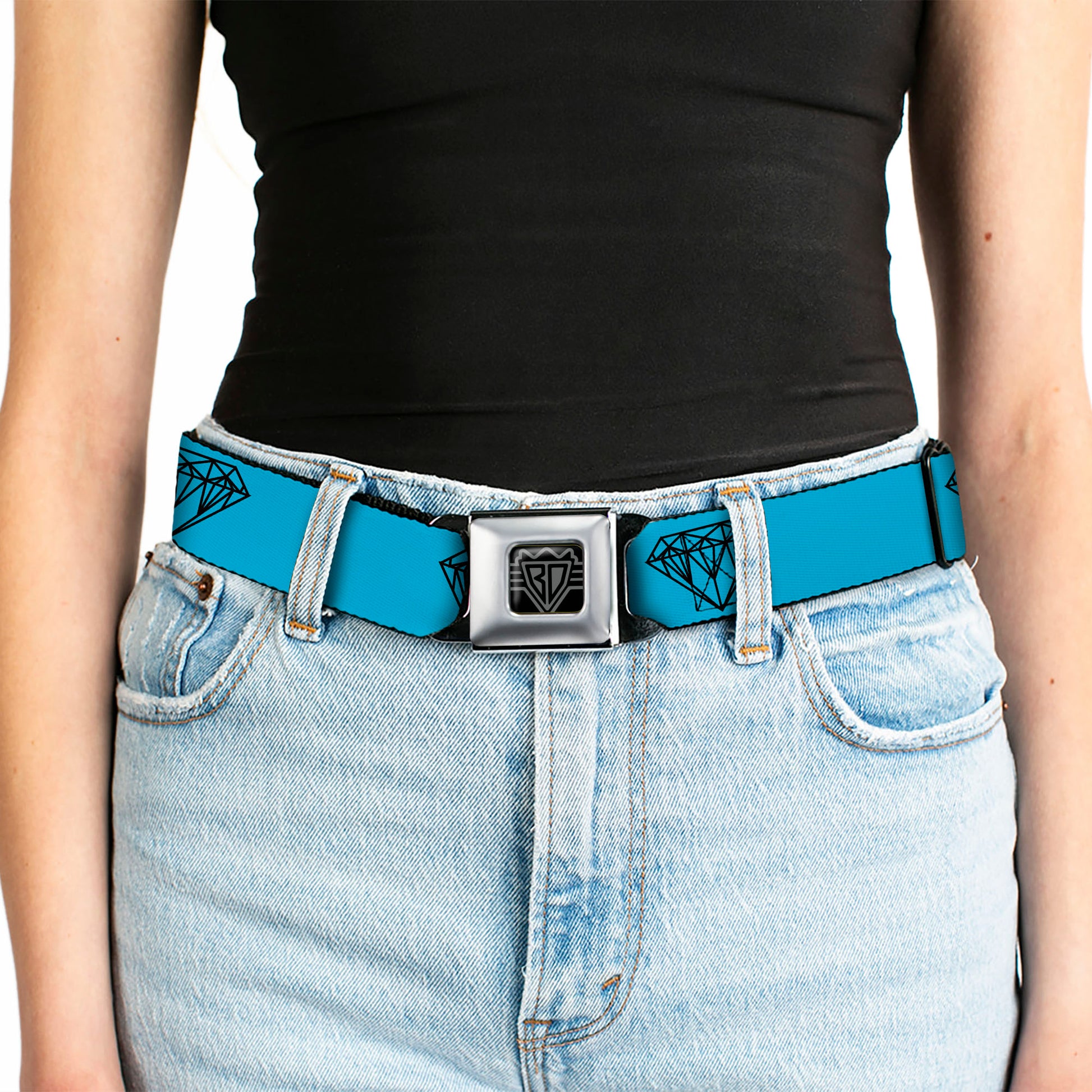 BD Wings Logo CLOSE-UP Full Color Black Silver Seatbelt Belt - Diamond Sketch Turquoise/Black Webbing Seatbelt Belts Buckle-Down