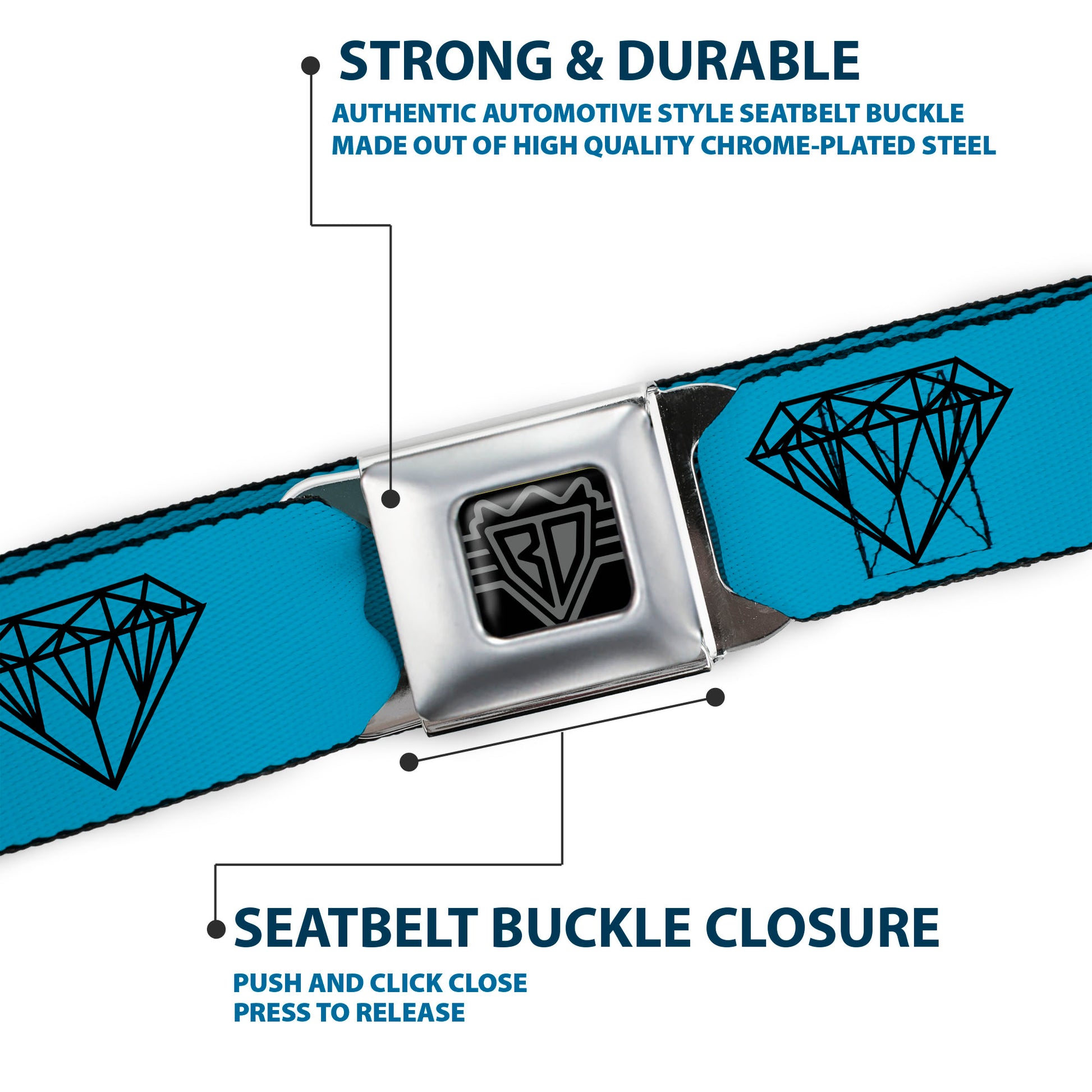 BD Wings Logo CLOSE-UP Full Color Black Silver Seatbelt Belt - Diamond Sketch Turquoise/Black Webbing Seatbelt Belts Buckle-Down