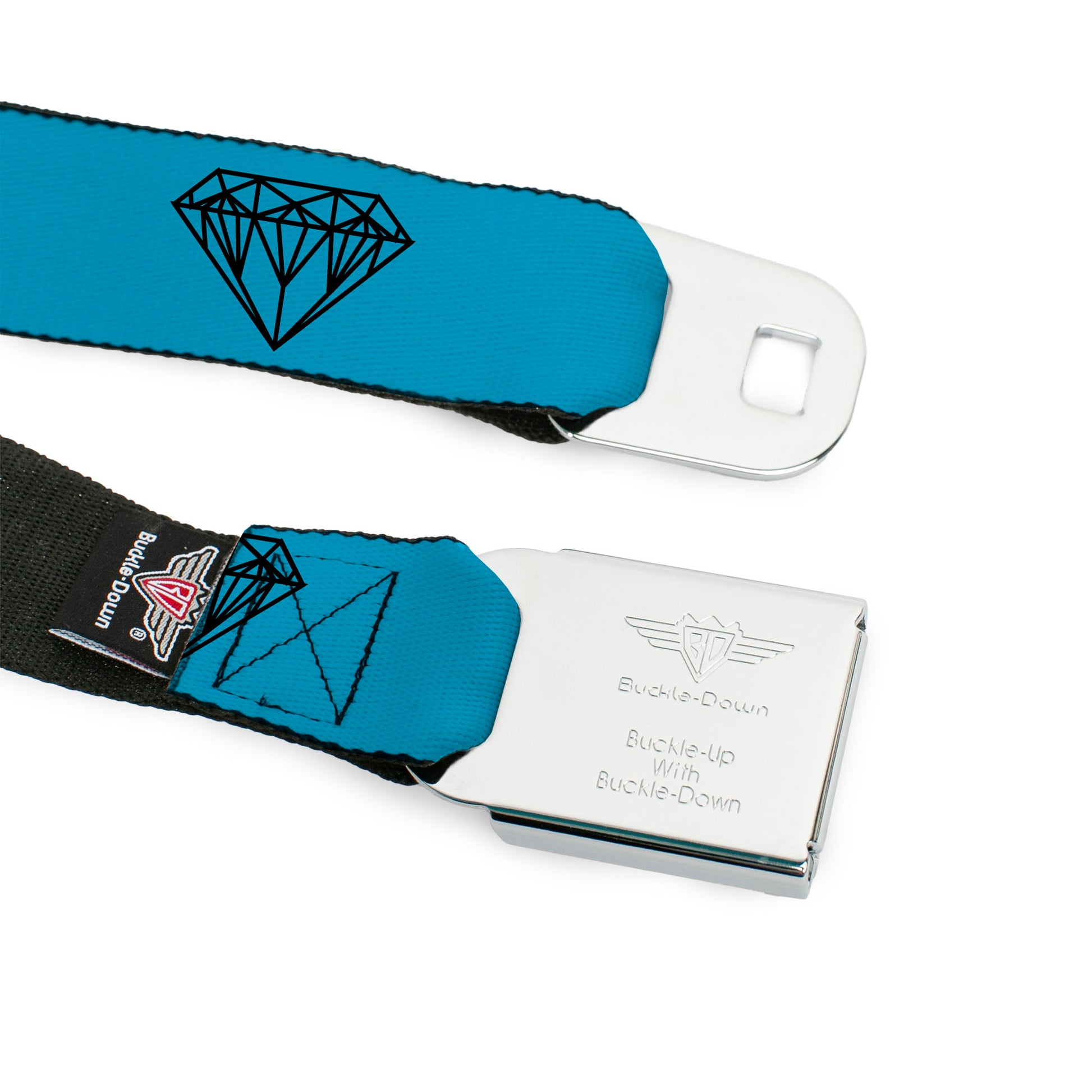 BD Wings Logo CLOSE-UP Full Color Black Silver Seatbelt Belt - Diamond Sketch Turquoise/Black Webbing Seatbelt Belts Buckle-Down