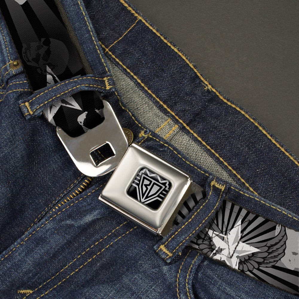 BD Wings Logo CLOSE-UP Full Color Black Silver Seatbelt Belt - Die Hard Skulls & Stars1 Black/Grays Webbing Seatbelt Belts Buckle-Down
