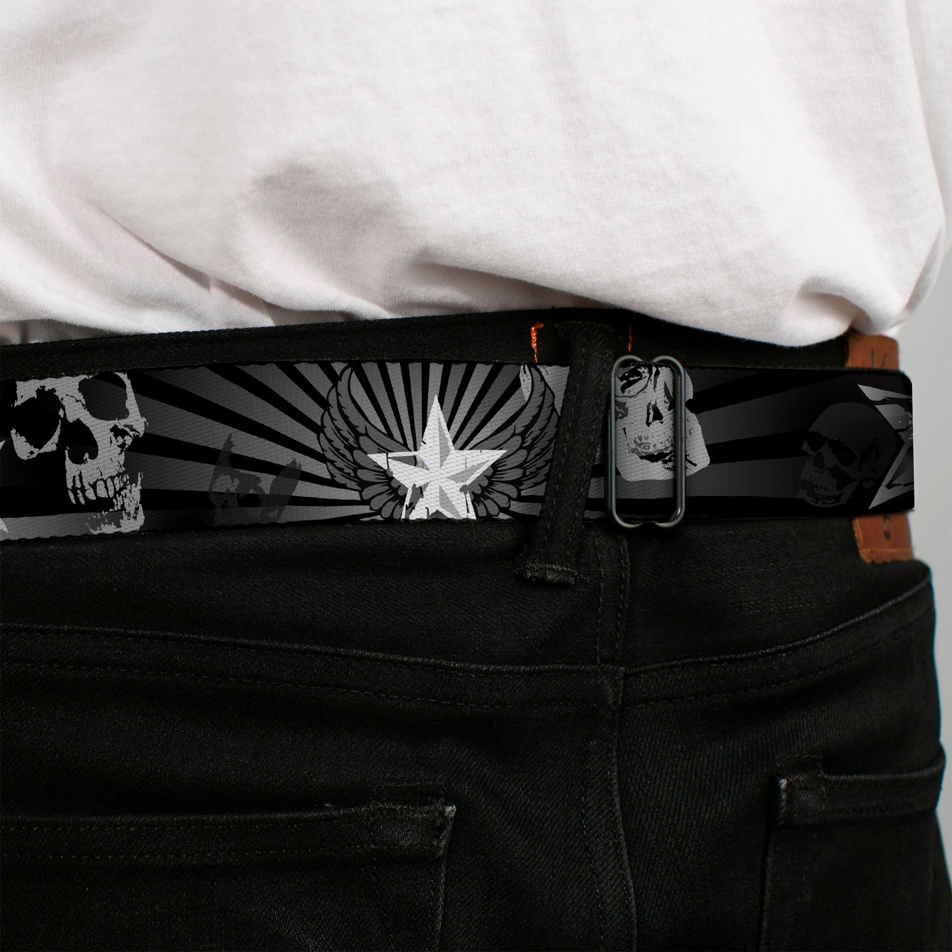 BD Wings Logo CLOSE-UP Full Color Black Silver Seatbelt Belt - Die Hard Skulls & Stars1 Black/Grays Webbing Seatbelt Belts Buckle-Down