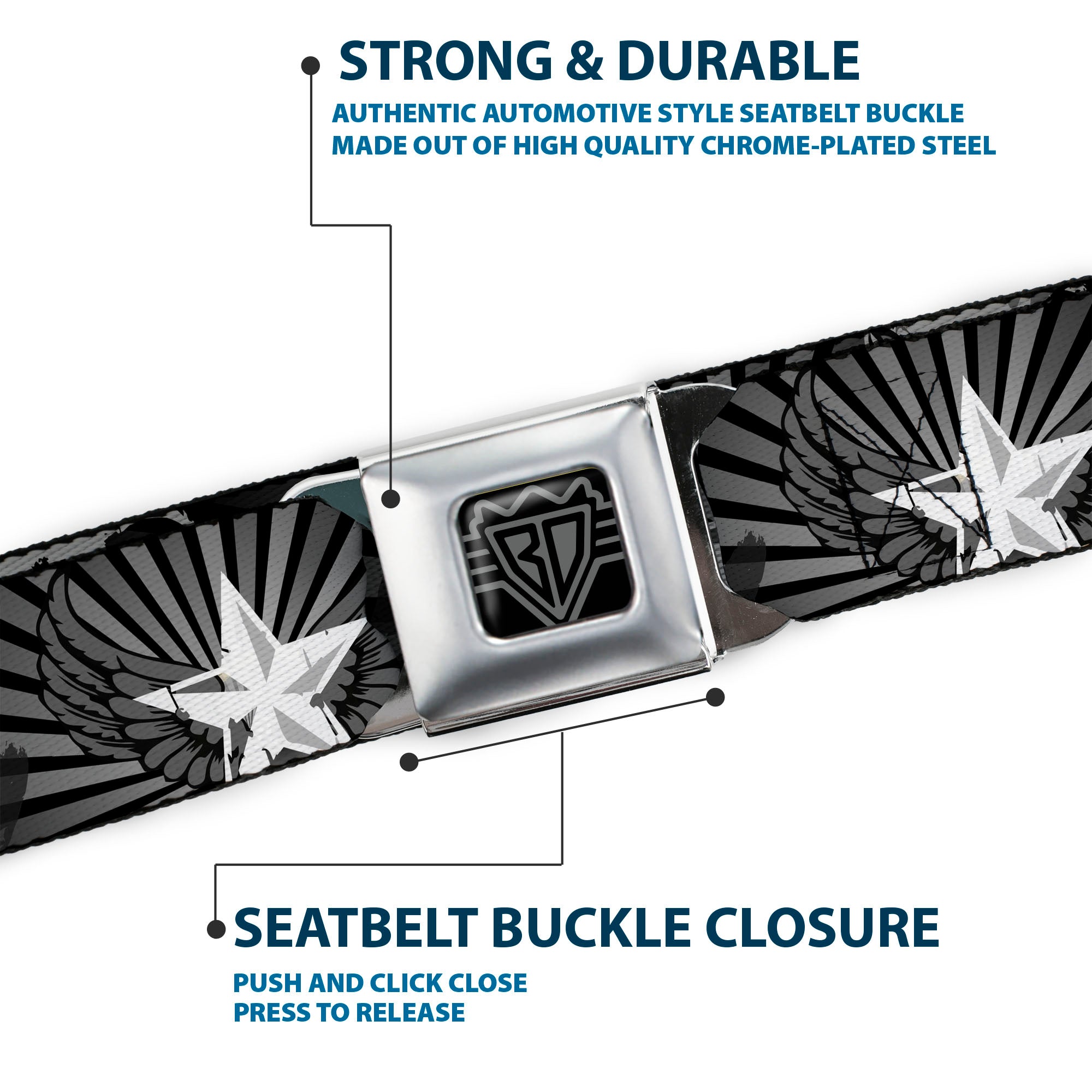 BD Wings Logo CLOSE-UP Full Color Black Silver Seatbelt Belt - Die Hard Skulls & Stars1 Black/Grays Webbing Seatbelt Belts Buckle-Down