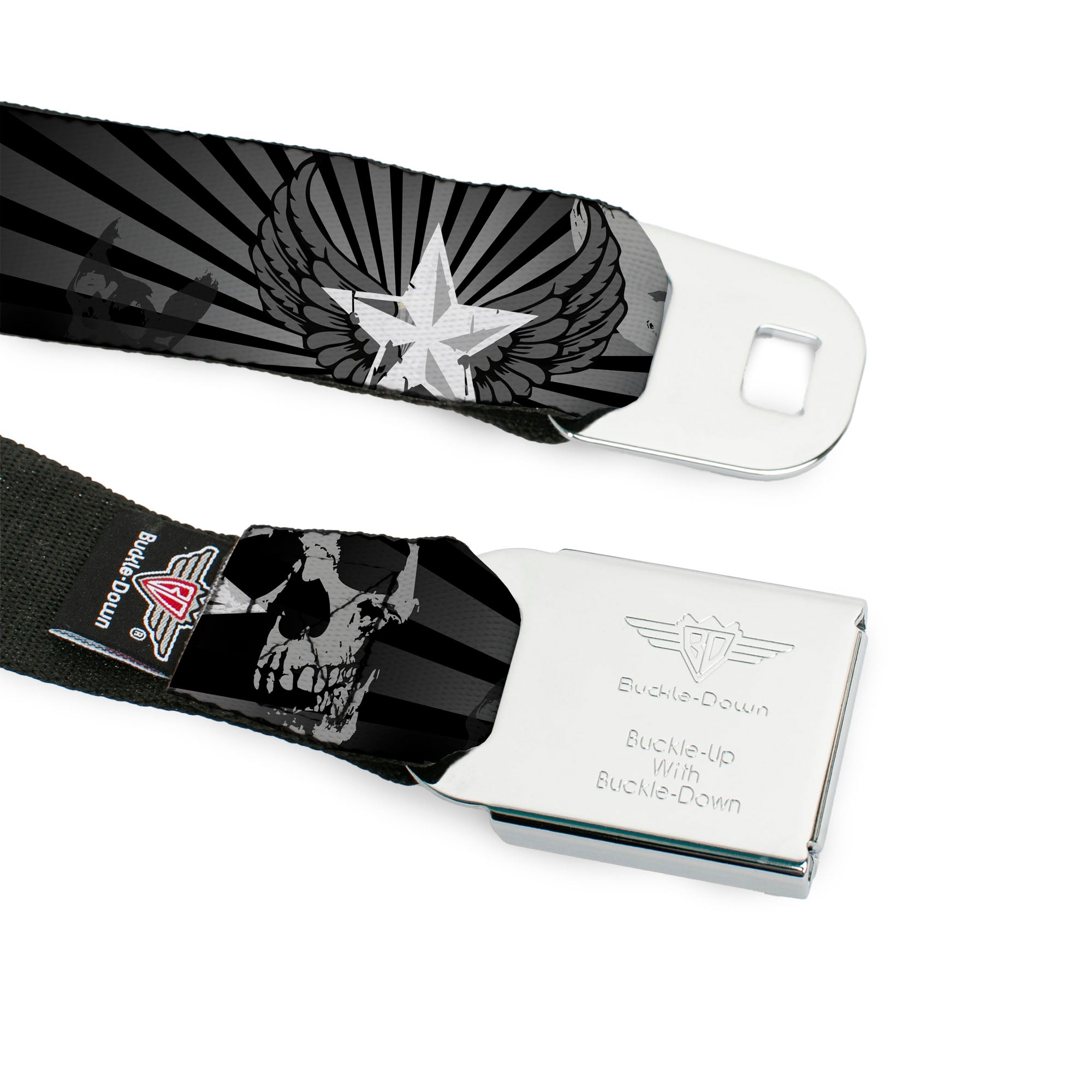 BD Wings Logo CLOSE-UP Full Color Black Silver Seatbelt Belt - Die Hard Skulls & Stars1 Black/Grays Webbing Seatbelt Belts Buckle-Down
