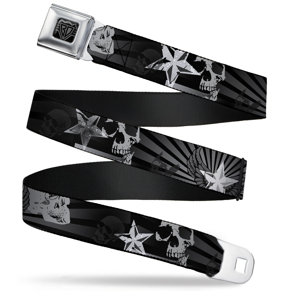BD Wings Logo CLOSE-UP Full Color Black Silver Seatbelt Belt - Die Hard Skulls & Stars1 Black/Grays Webbing Seatbelt Belts Buckle-Down