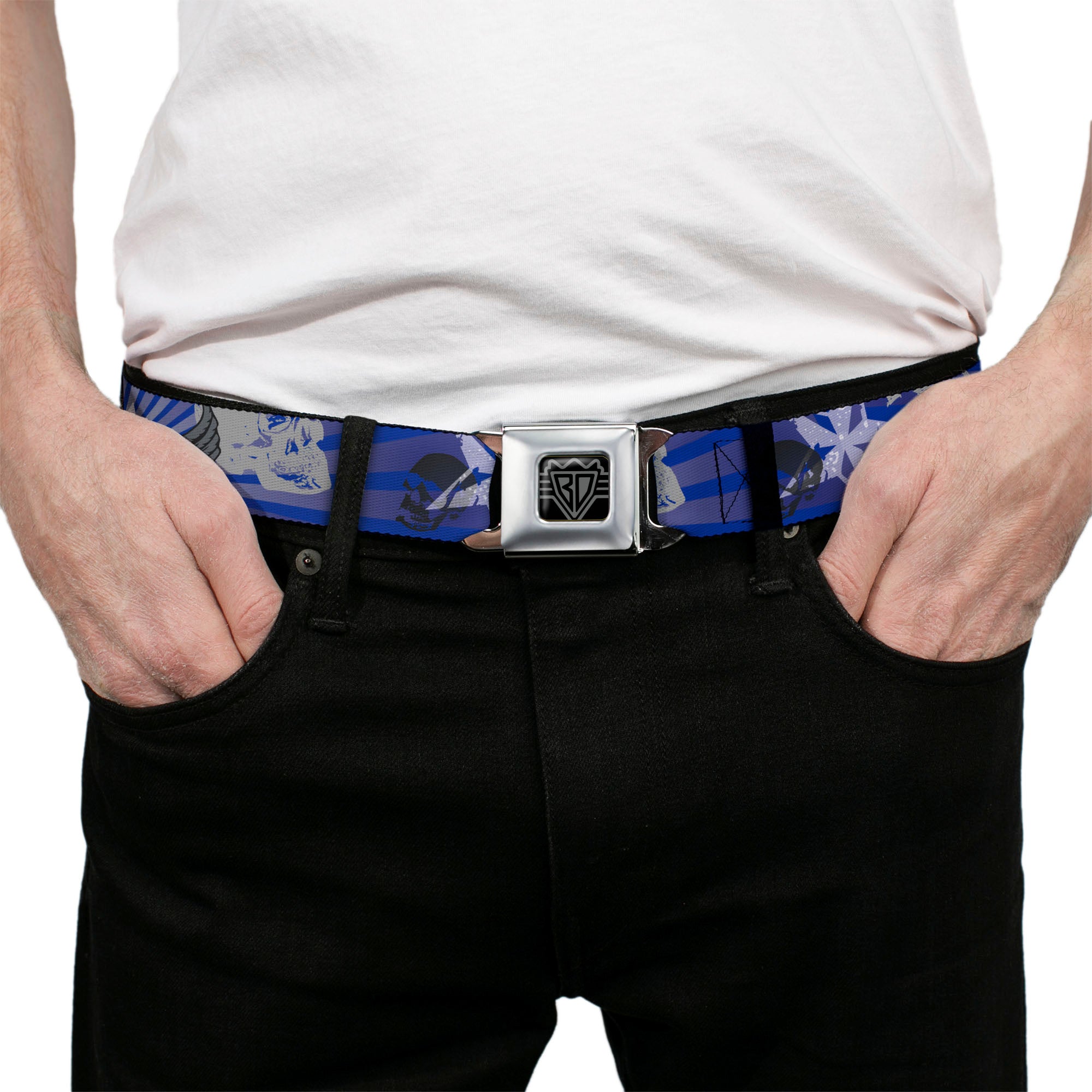 BD Wings Logo CLOSE-UP Full Color Black Silver Seatbelt Belt - Die Hard Skulls & Stars1 Blue/Grays Webbing Seatbelt Belts Buckle-Down