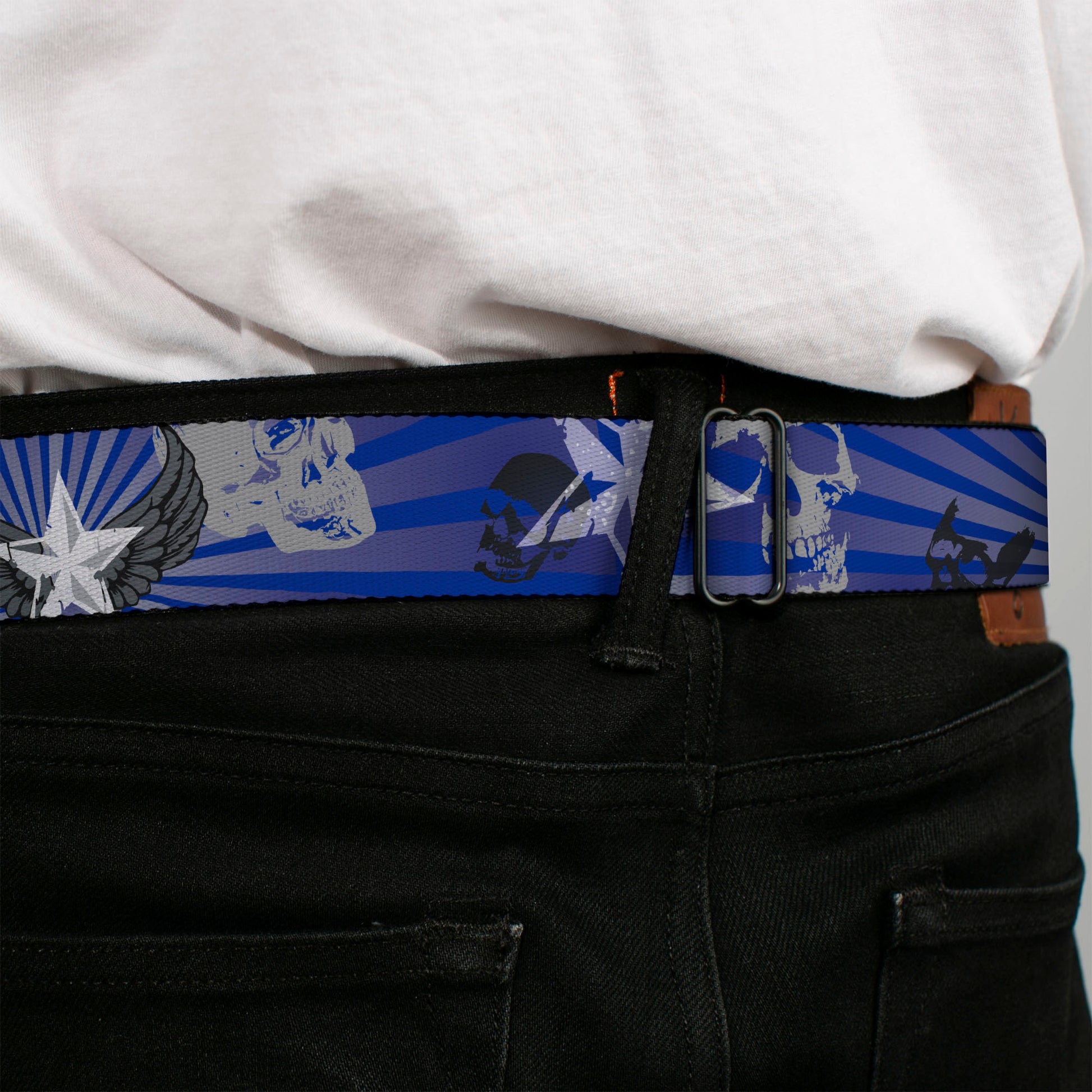 BD Wings Logo CLOSE-UP Full Color Black Silver Seatbelt Belt - Die Hard Skulls & Stars1 Blue/Grays Webbing Seatbelt Belts Buckle-Down