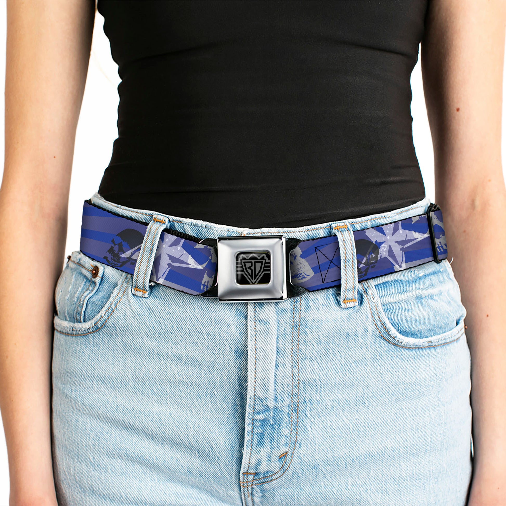 BD Wings Logo CLOSE-UP Full Color Black Silver Seatbelt Belt - Die Hard Skulls & Stars1 Blue/Grays Webbing Seatbelt Belts Buckle-Down
