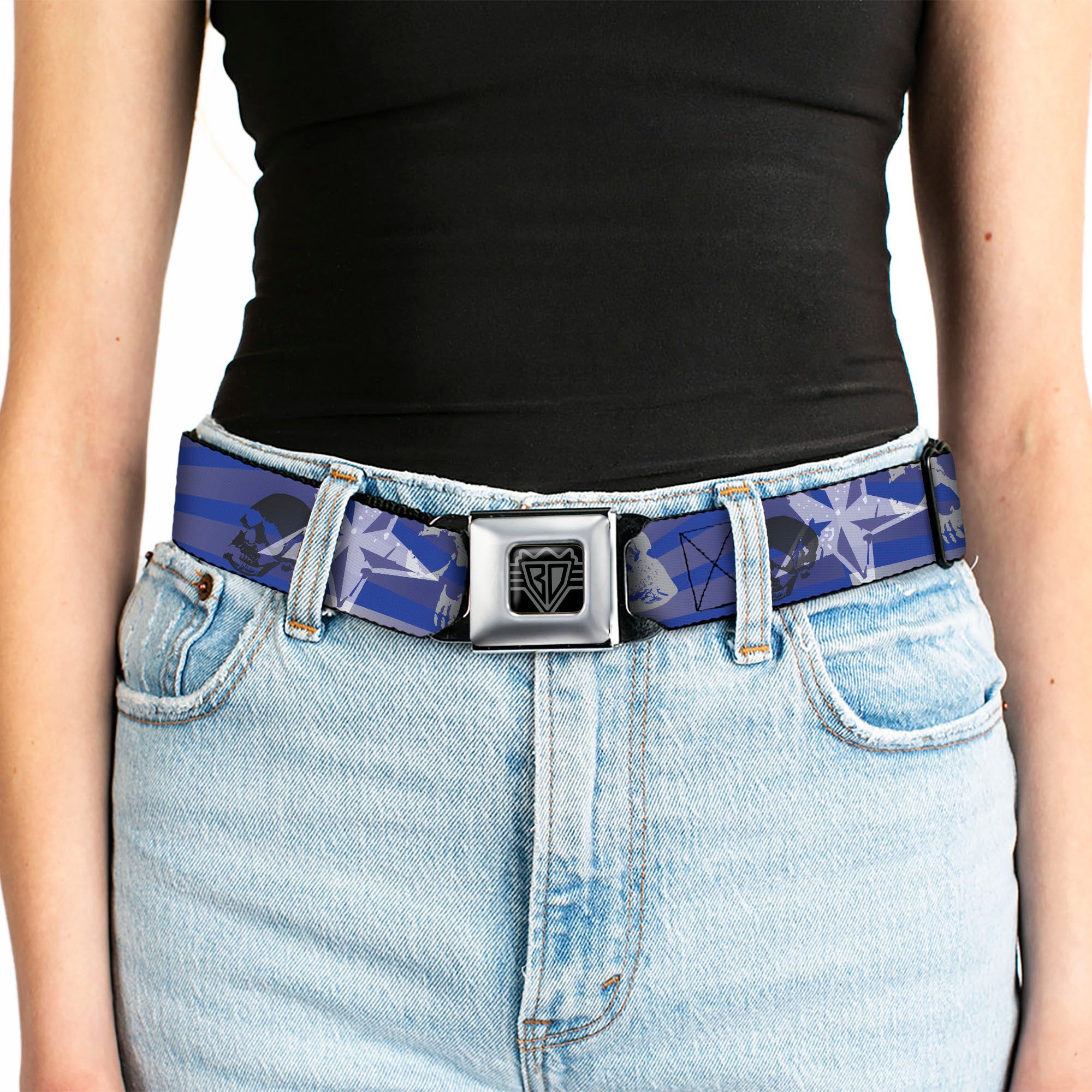 BD Wings Logo CLOSE-UP Full Color Black Silver Seatbelt Belt - Die Hard Skulls & Stars1 Blue/Grays Webbing Seatbelt Belts Buckle-Down
