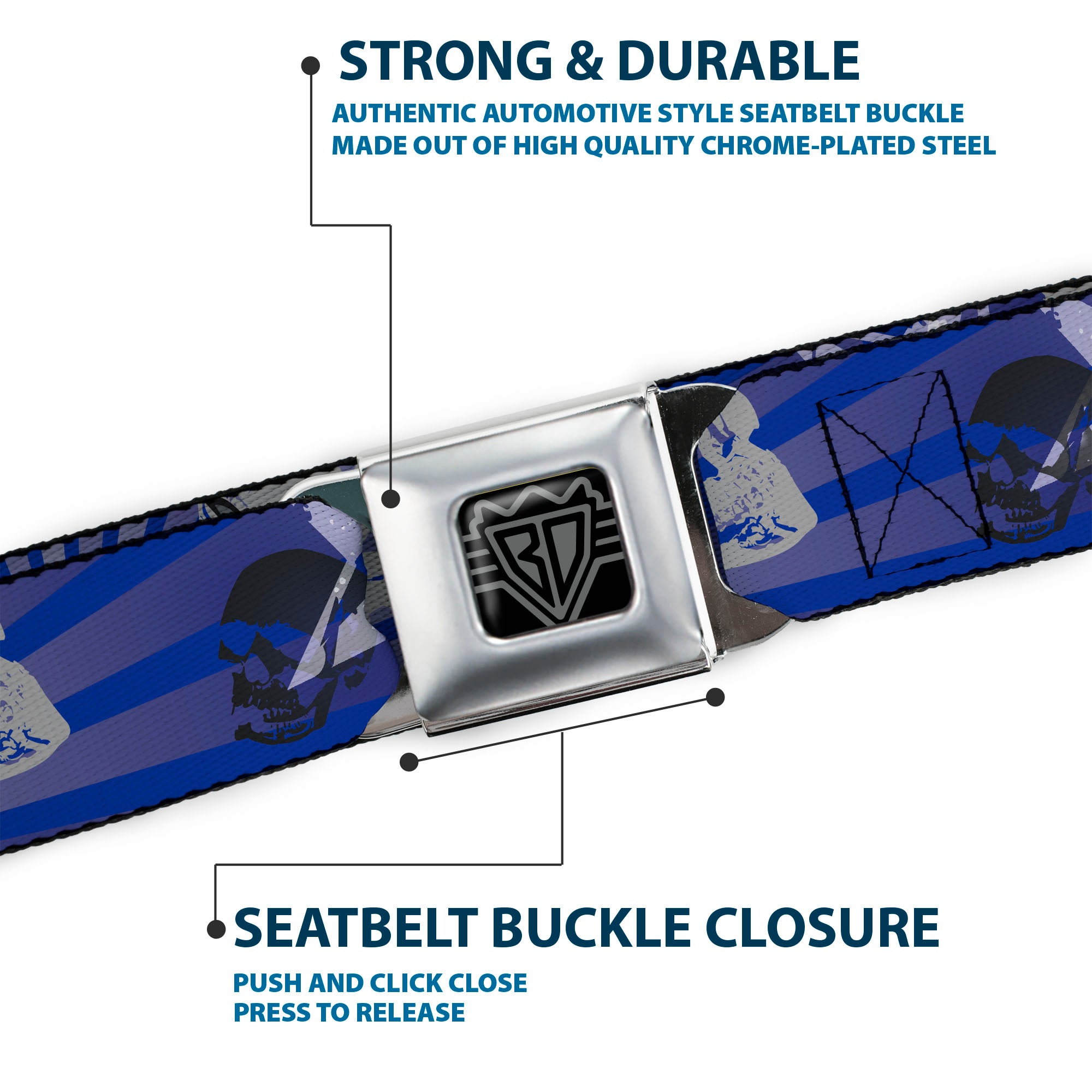 BD Wings Logo CLOSE-UP Full Color Black Silver Seatbelt Belt - Die Hard Skulls & Stars1 Blue/Grays Webbing Seatbelt Belts Buckle-Down