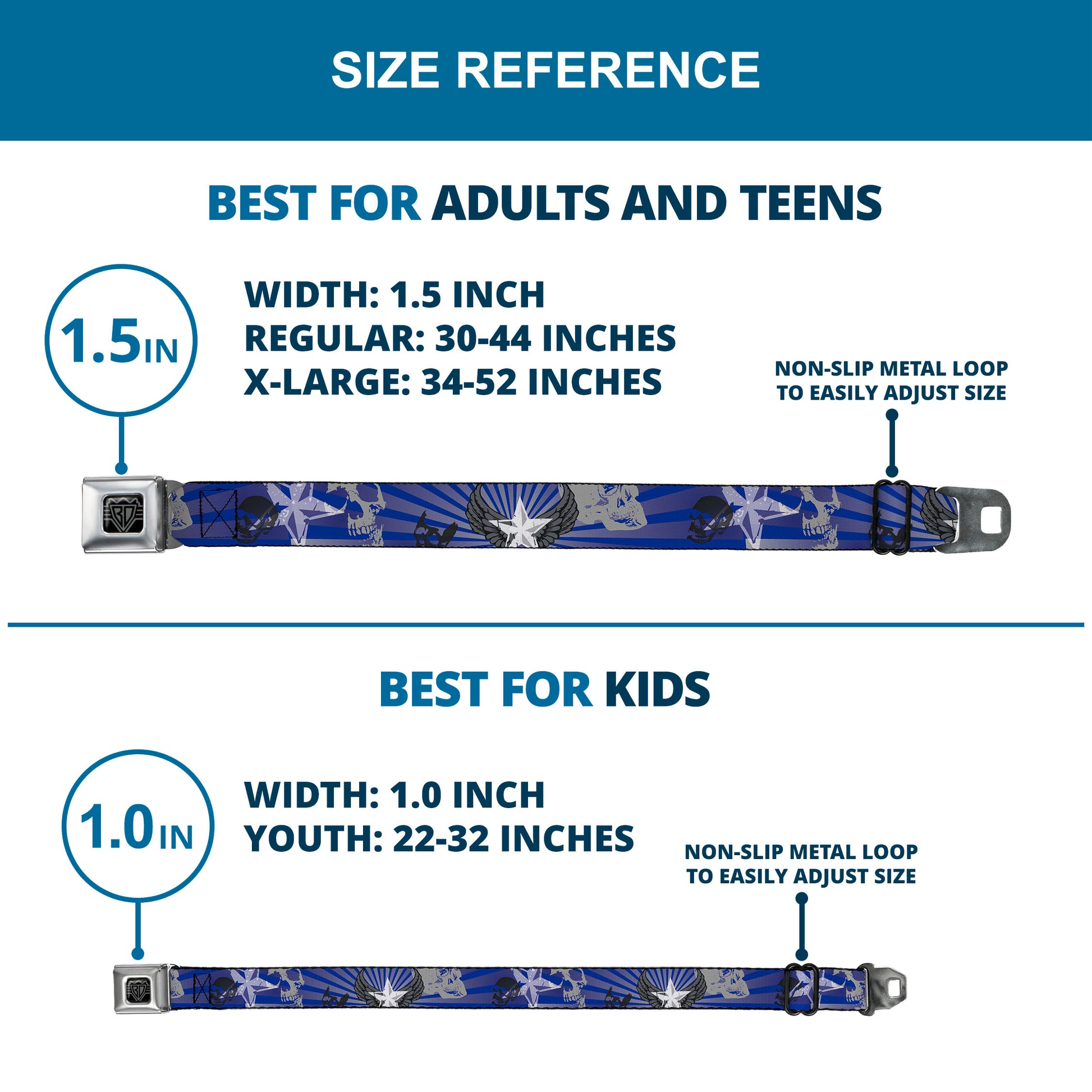 BD Wings Logo CLOSE-UP Full Color Black Silver Seatbelt Belt - Die Hard Skulls & Stars1 Blue/Grays Webbing Seatbelt Belts Buckle-Down