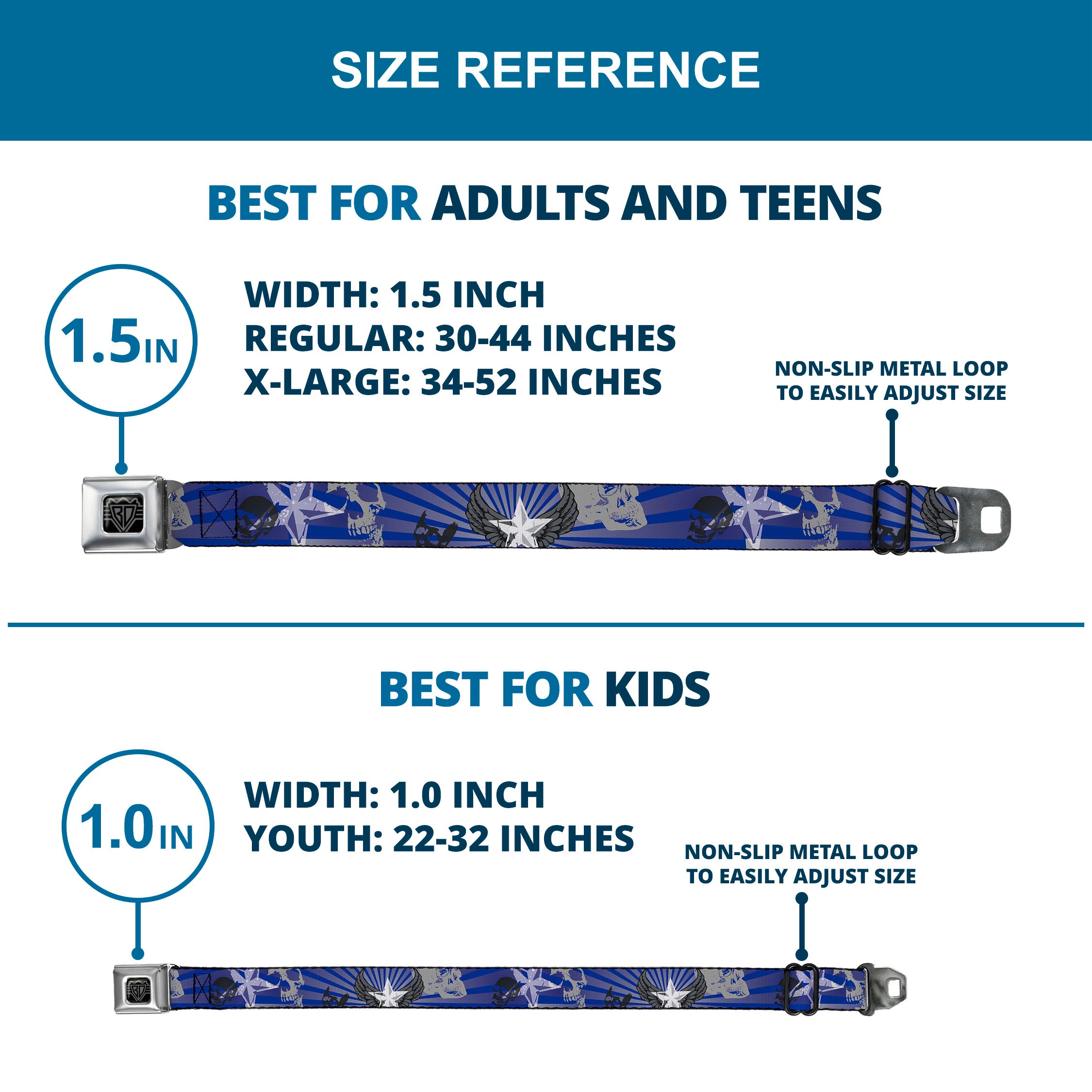BD Wings Logo CLOSE-UP Full Color Black Silver Seatbelt Belt - Die Hard Skulls & Stars1 Blue/Grays Webbing Seatbelt Belts Buckle-Down