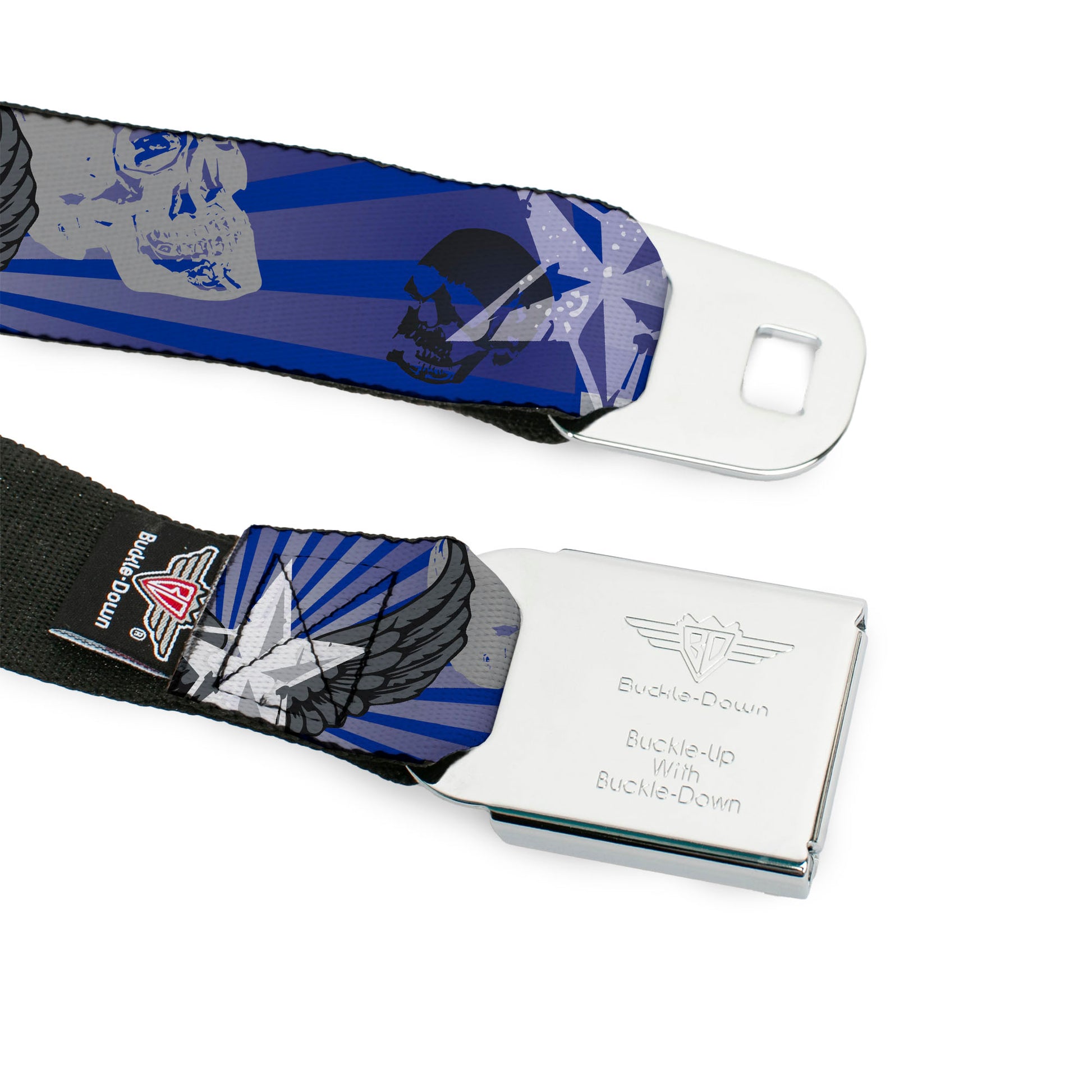 BD Wings Logo CLOSE-UP Full Color Black Silver Seatbelt Belt - Die Hard Skulls & Stars1 Blue/Grays Webbing Seatbelt Belts Buckle-Down