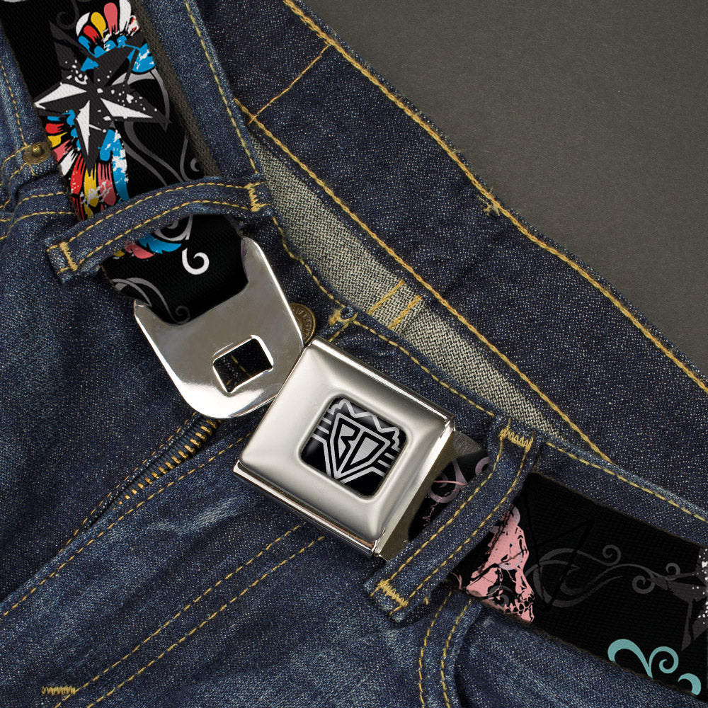 BD Wings Logo CLOSE-UP Full Color Black Silver Seatbelt Belt - Die Hard Skulls & Stars2 Black/Multi Color Webbing Seatbelt Belts Buckle-Down