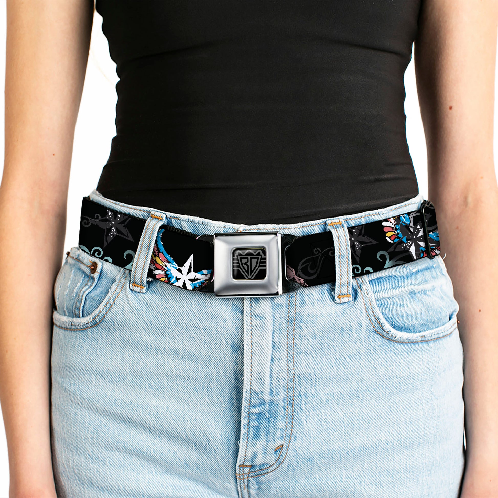 BD Wings Logo CLOSE-UP Full Color Black Silver Seatbelt Belt - Die Hard Skulls & Stars2 Black/Multi Color Webbing Seatbelt Belts Buckle-Down