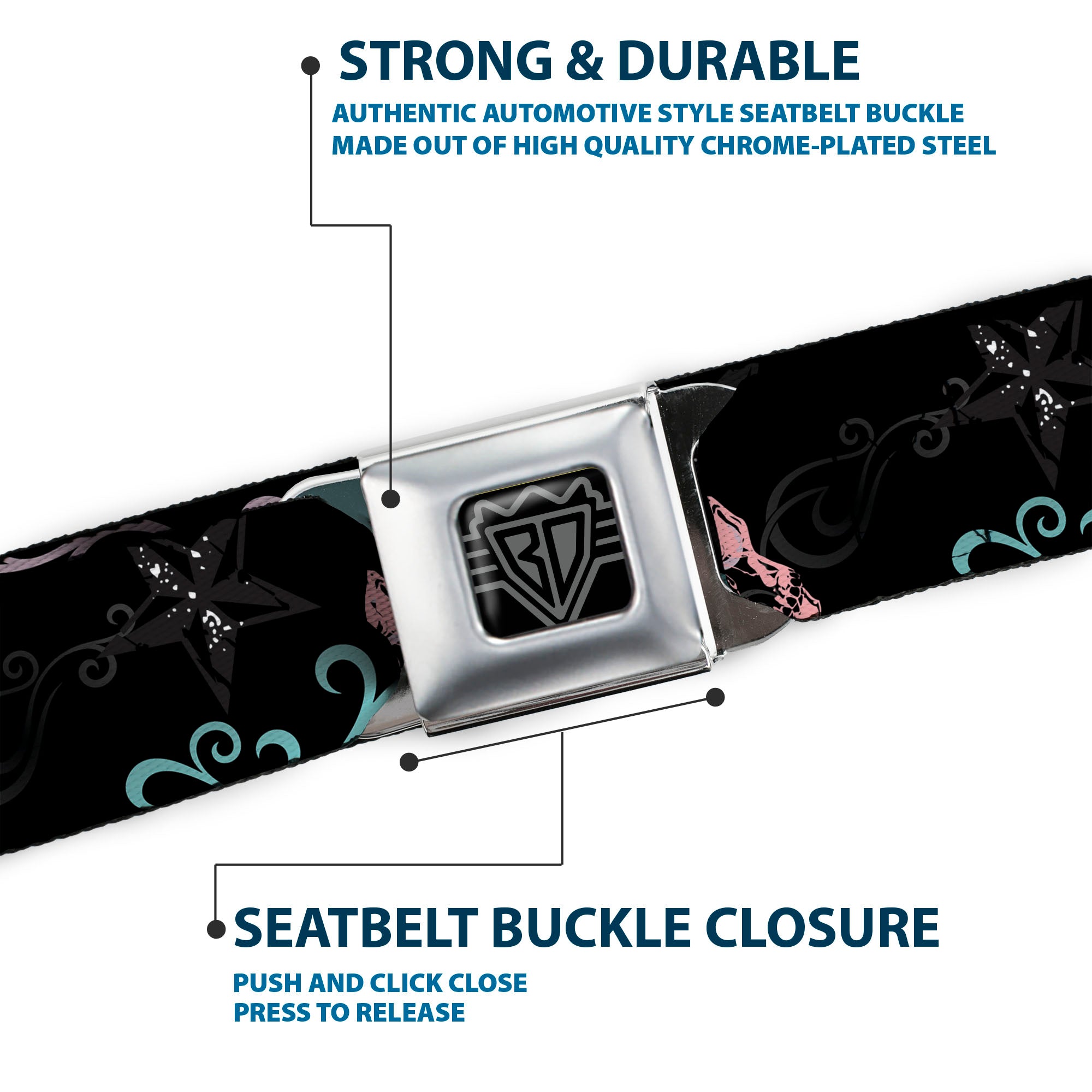 BD Wings Logo CLOSE-UP Full Color Black Silver Seatbelt Belt - Die Hard Skulls & Stars2 Black/Multi Color Webbing Seatbelt Belts Buckle-Down