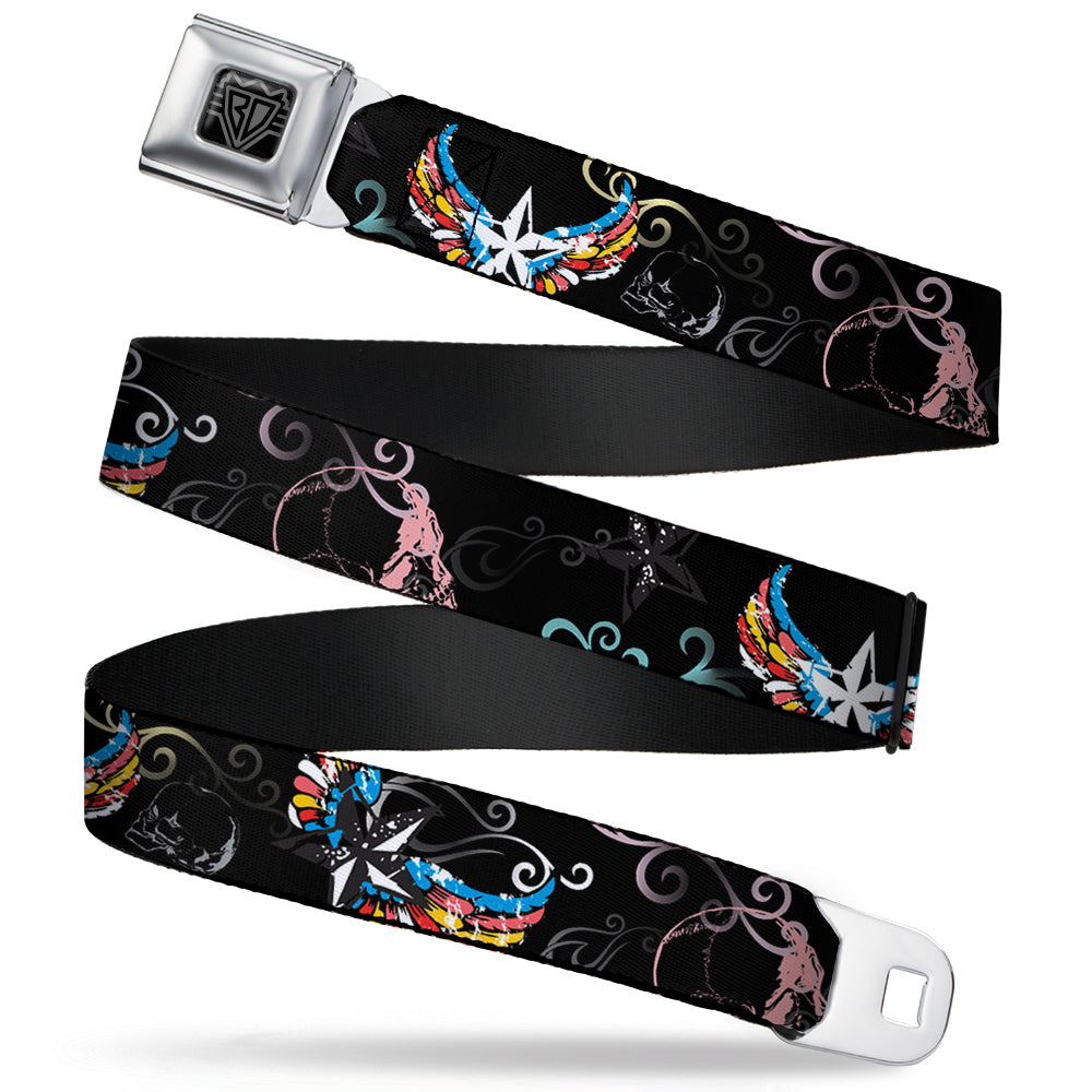 BD Wings Logo CLOSE-UP Full Color Black Silver Seatbelt Belt - Die Hard Skulls & Stars2 Black/Multi Color Webbing Seatbelt Belts Buckle-Down