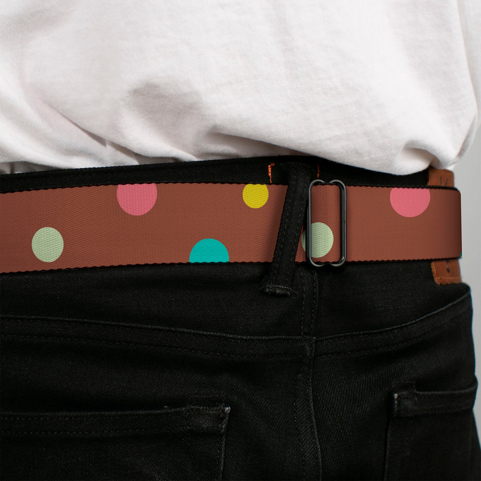 BD Wings Logo CLOSE-UP Full Color Black Silver Seatbelt Belt - Dots Brown/Multi Pastel Webbing Seatbelt Belts Buckle-Down