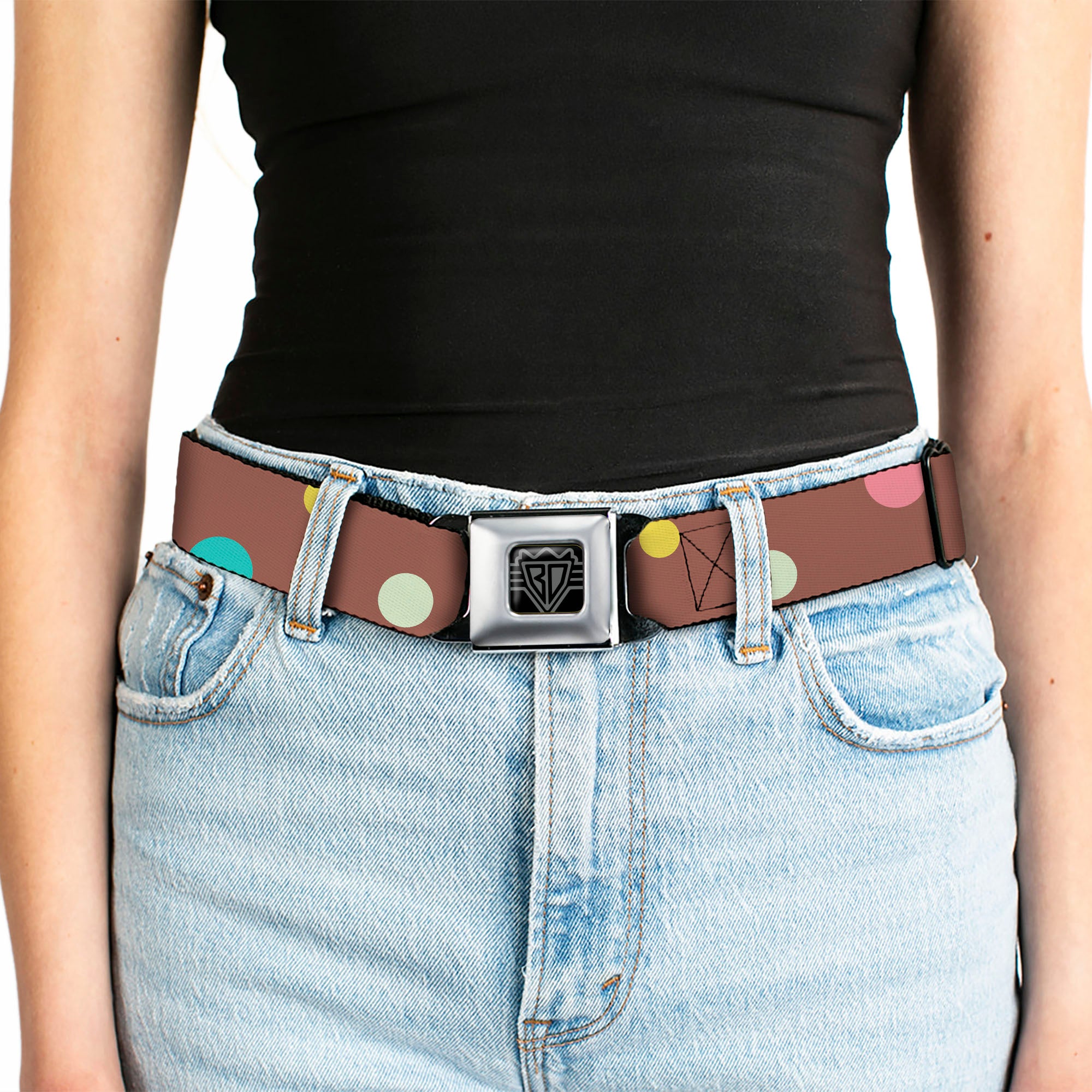 BD Wings Logo CLOSE-UP Full Color Black Silver Seatbelt Belt - Dots Brown/Multi Pastel Webbing Seatbelt Belts Buckle-Down