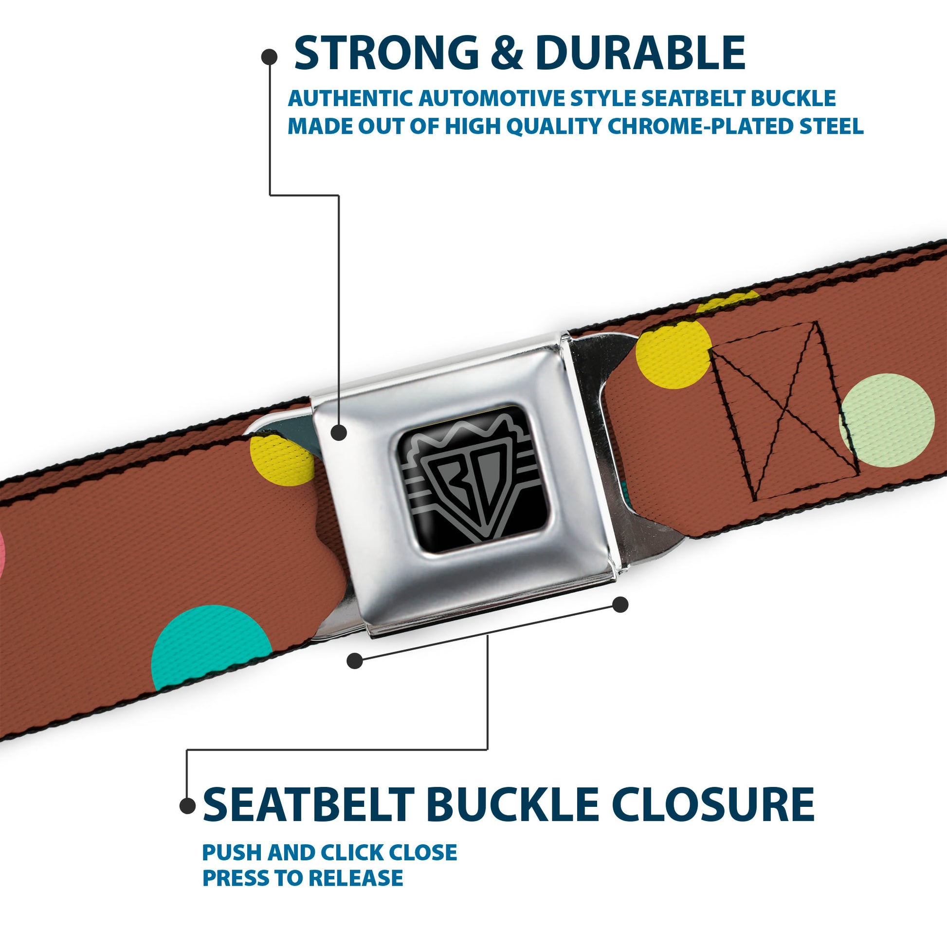 BD Wings Logo CLOSE-UP Full Color Black Silver Seatbelt Belt - Dots Brown/Multi Pastel Webbing Seatbelt Belts Buckle-Down