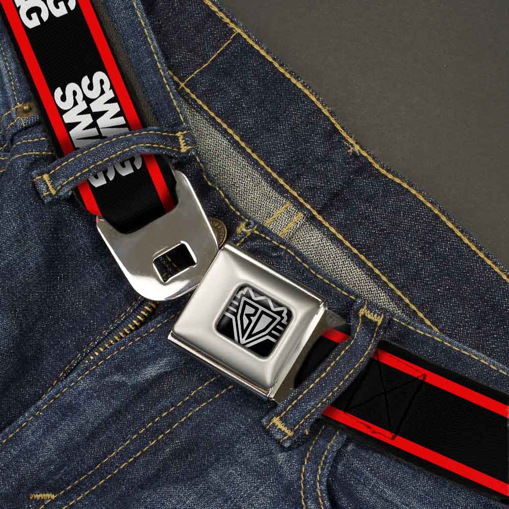 BD Wings Logo CLOSE-UP Full Color Black Silver Seatbelt Belt - Double SWAG Black/White/Red Stripe Webbing Seatbelt Belts Buckle-Down