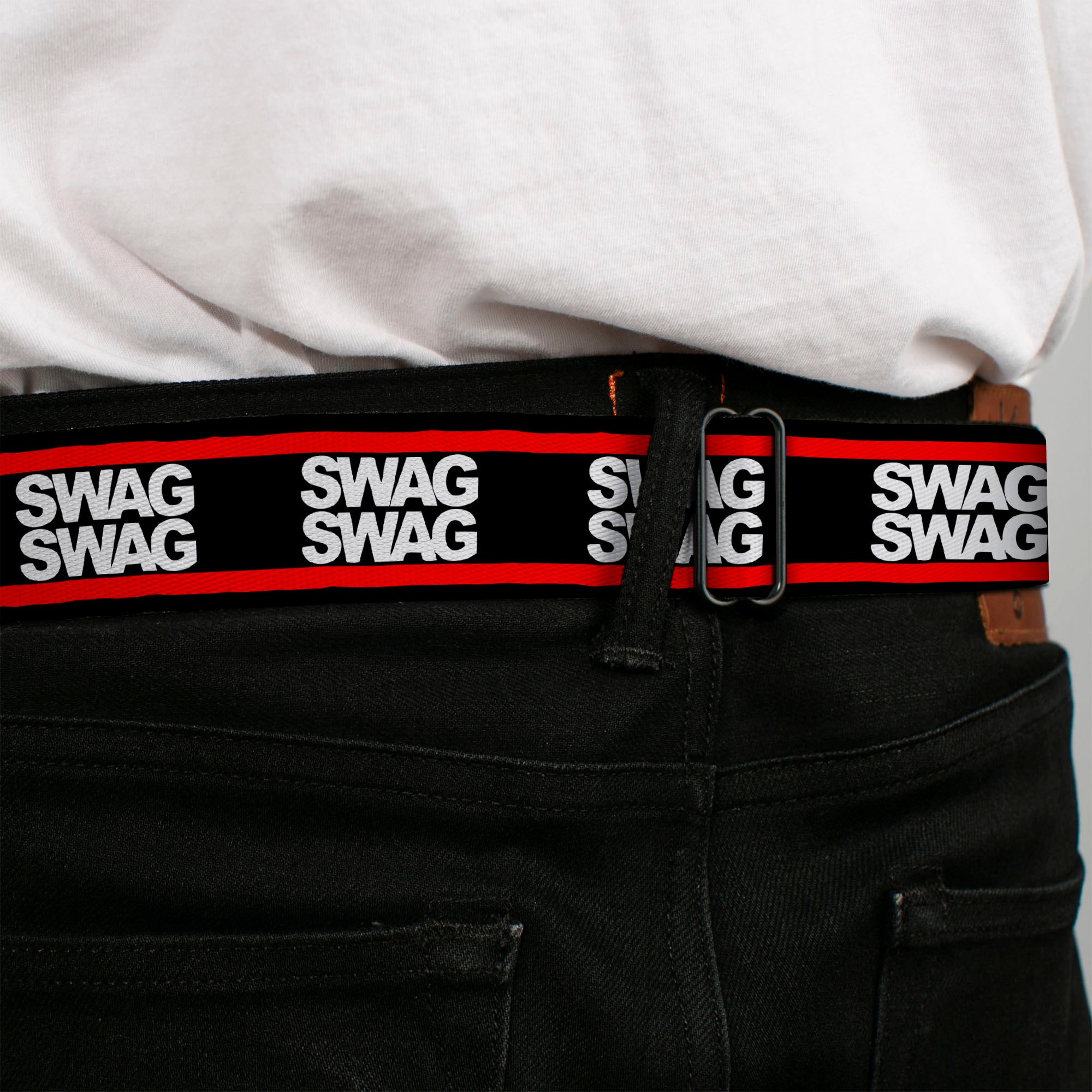 BD Wings Logo CLOSE-UP Full Color Black Silver Seatbelt Belt - Double SWAG Black/White/Red Stripe Webbing Seatbelt Belts Buckle-Down