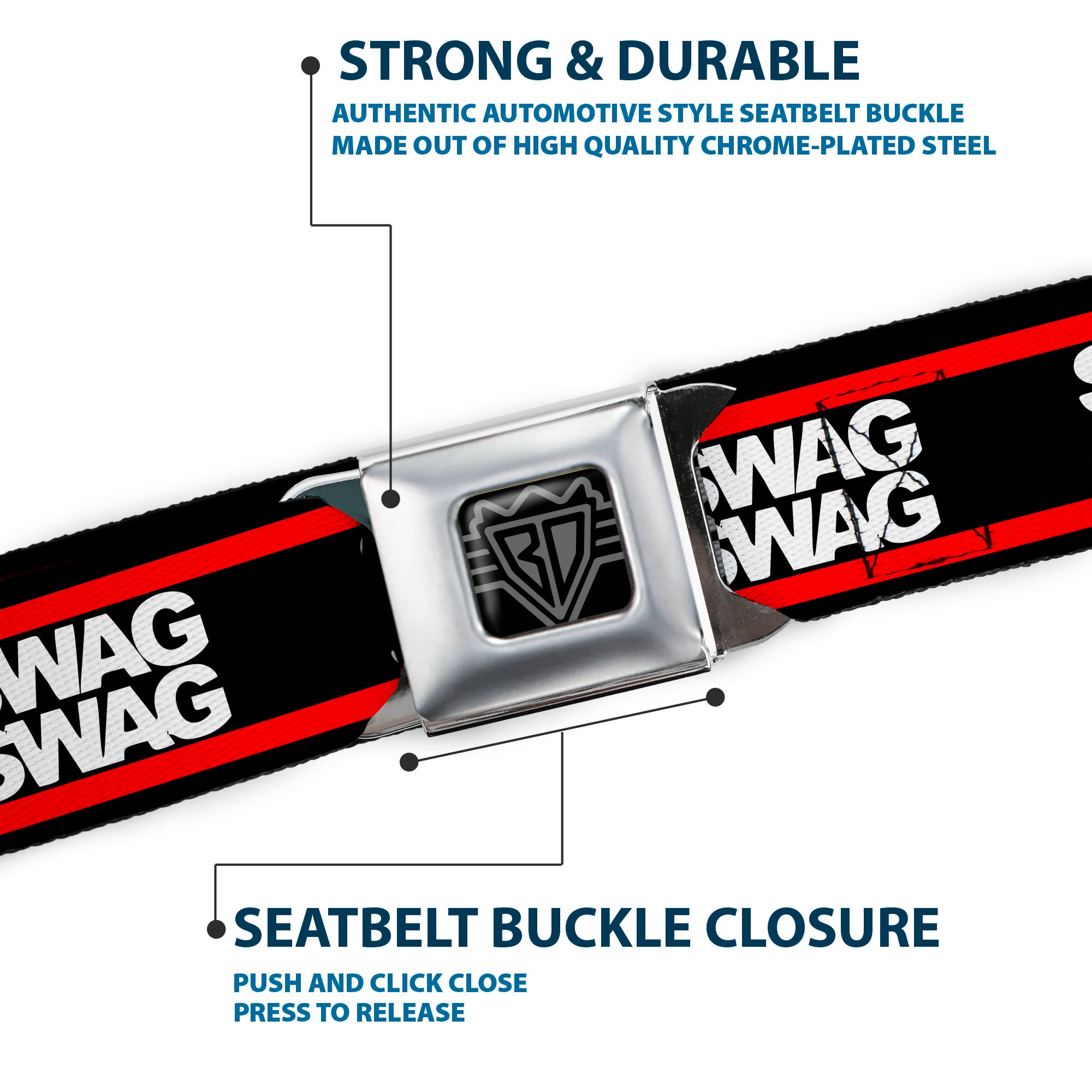 BD Wings Logo CLOSE-UP Full Color Black Silver Seatbelt Belt - Double SWAG Black/White/Red Stripe Webbing Seatbelt Belts Buckle-Down