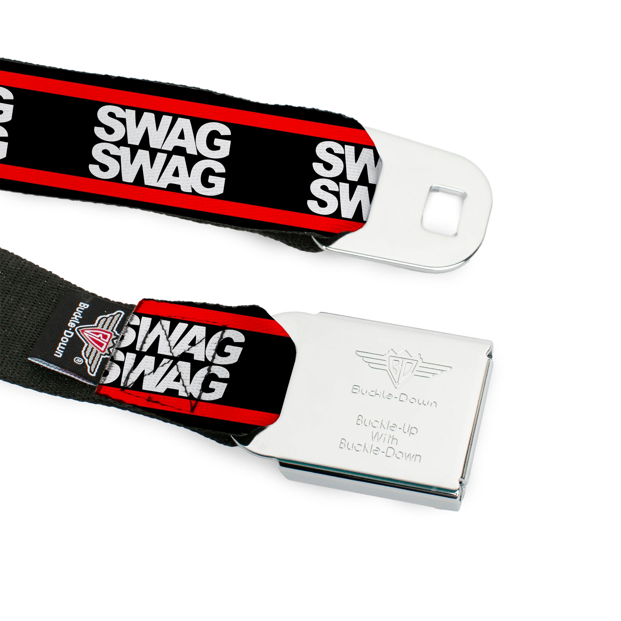 BD Wings Logo CLOSE-UP Full Color Black Silver Seatbelt Belt - Double SWAG Black/White/Red Stripe Webbing Seatbelt Belts Buckle-Down