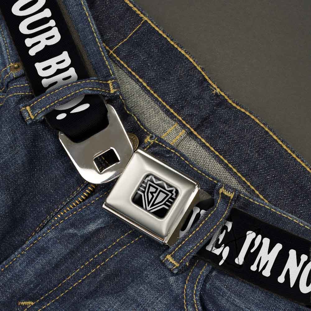 BD Wings Logo CLOSE-UP Full Color Black Silver Seatbelt Belt - DUDE, I'M NOT YOUR BRO! Black/White Webbing Seatbelt Belts Buckle-Down