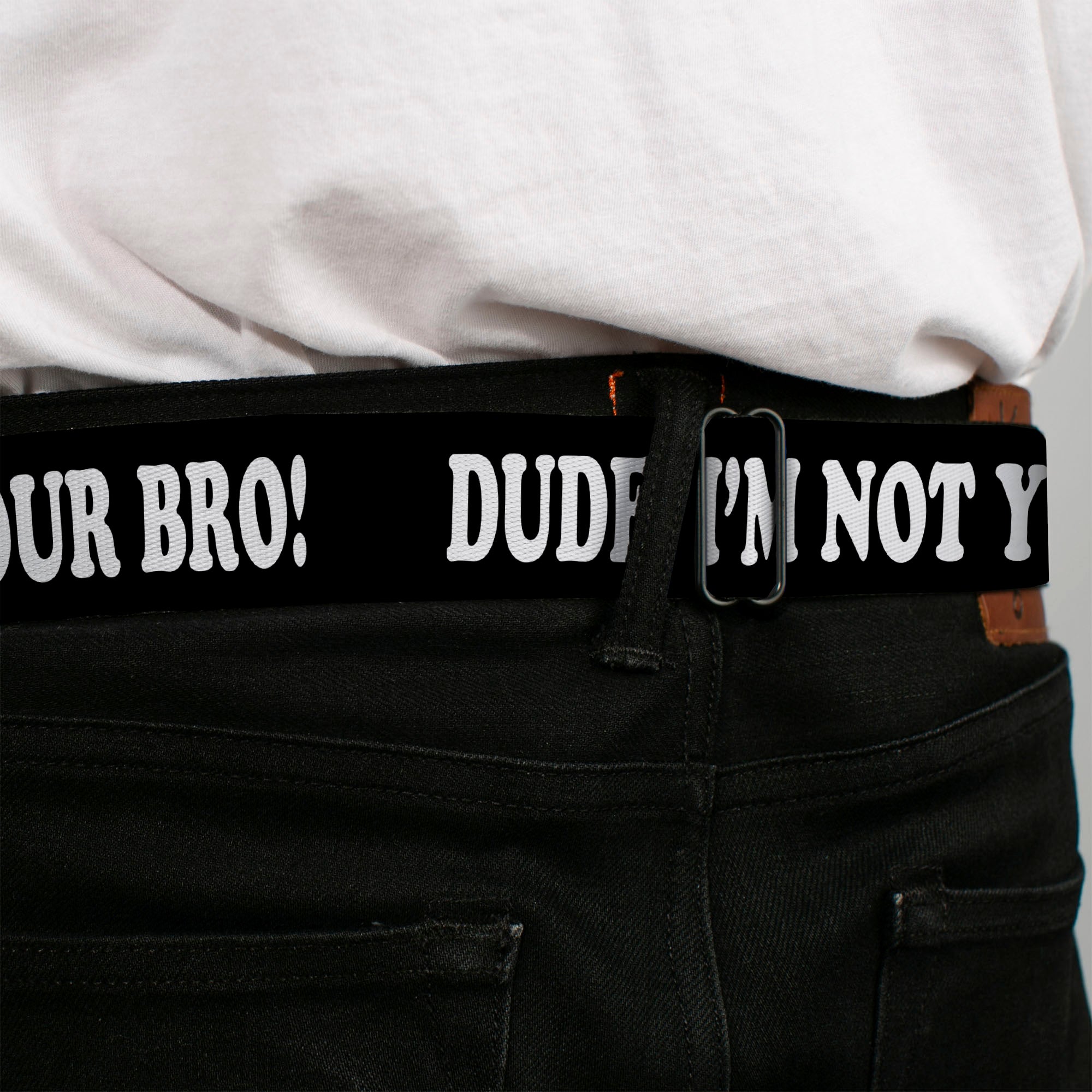 BD Wings Logo CLOSE-UP Full Color Black Silver Seatbelt Belt - DUDE, I'M NOT YOUR BRO! Black/White Webbing Seatbelt Belts Buckle-Down