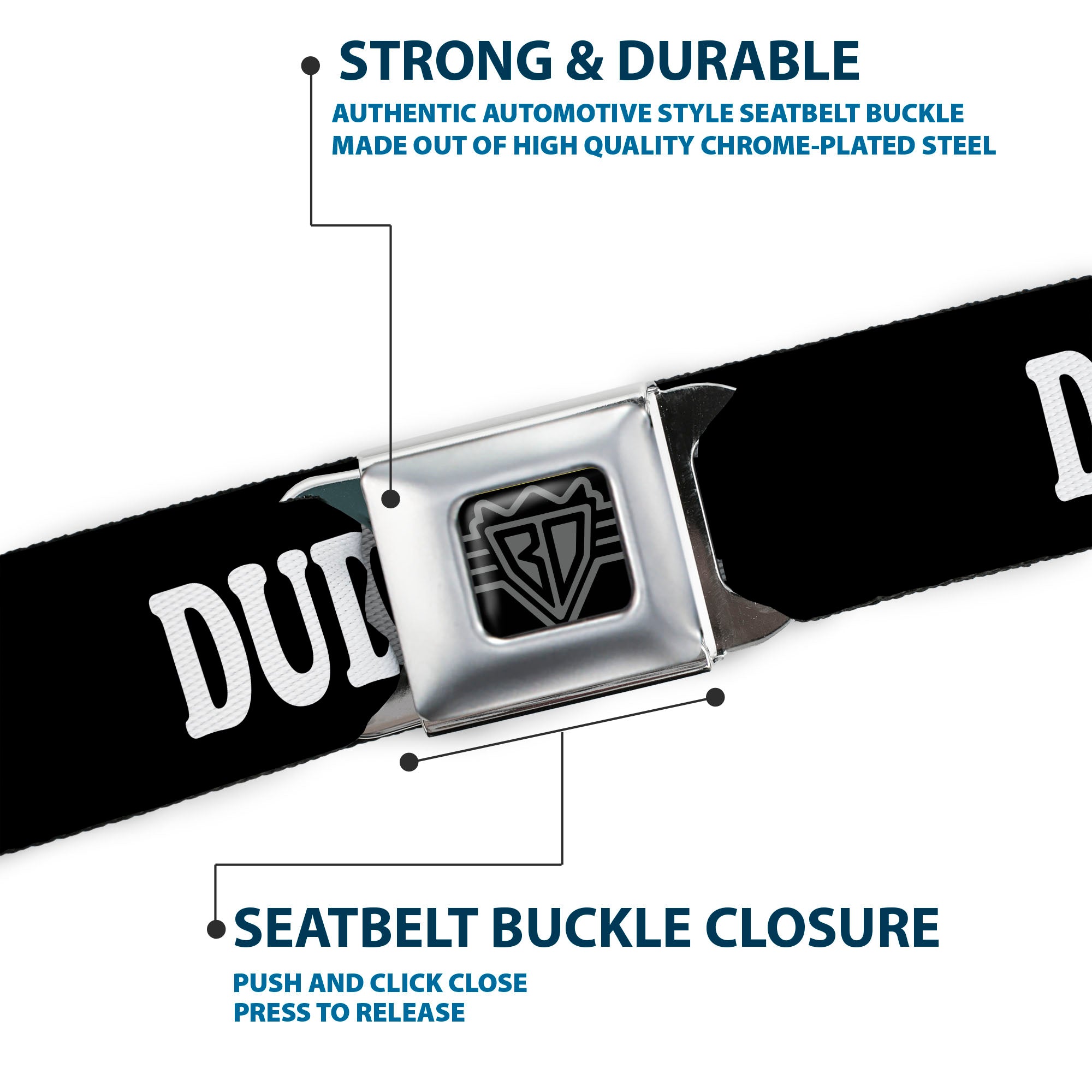 BD Wings Logo CLOSE-UP Full Color Black Silver Seatbelt Belt - DUDE, I'M NOT YOUR BRO! Black/White Webbing Seatbelt Belts Buckle-Down