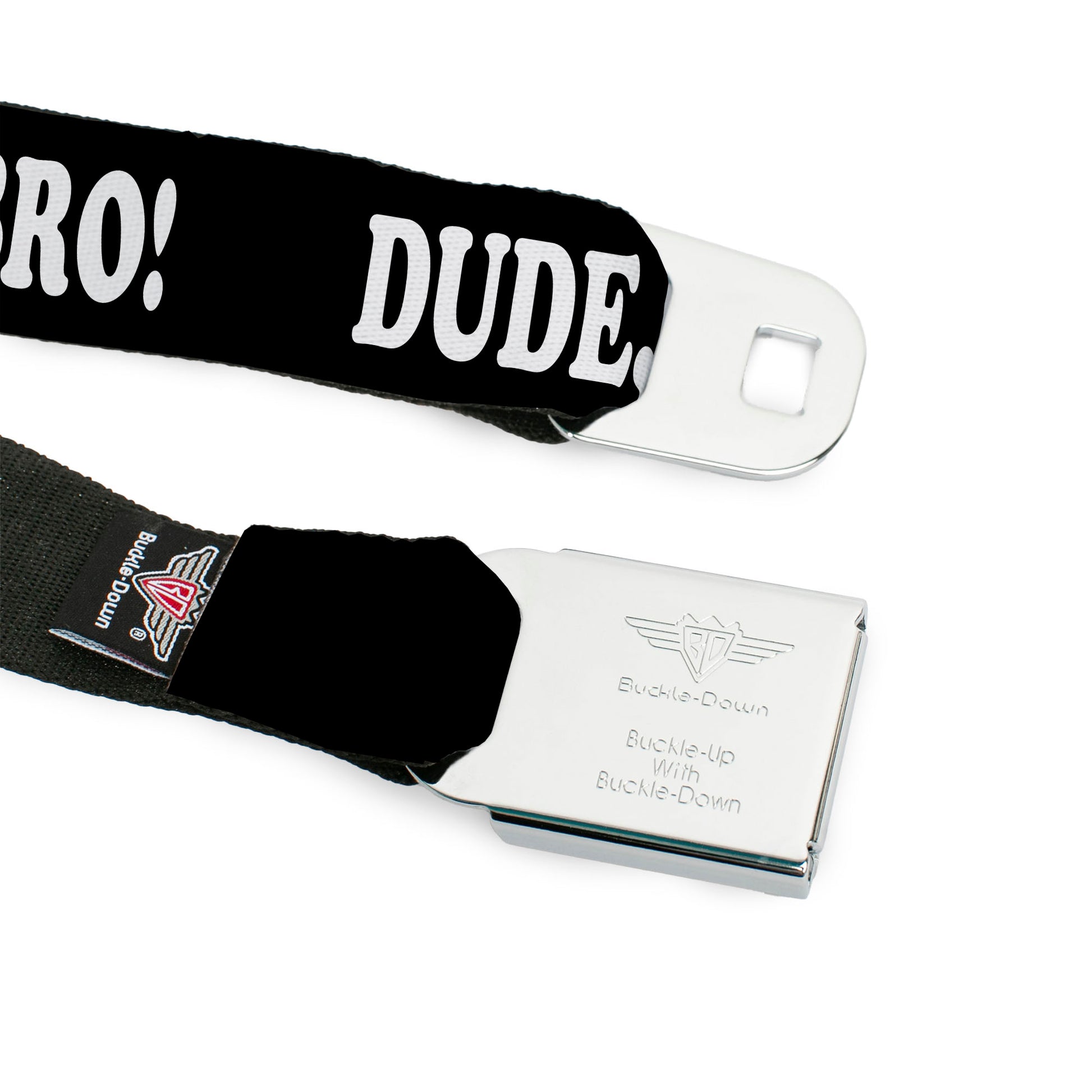 BD Wings Logo CLOSE-UP Full Color Black Silver Seatbelt Belt - DUDE, I'M NOT YOUR BRO! Black/White Webbing Seatbelt Belts Buckle-Down
