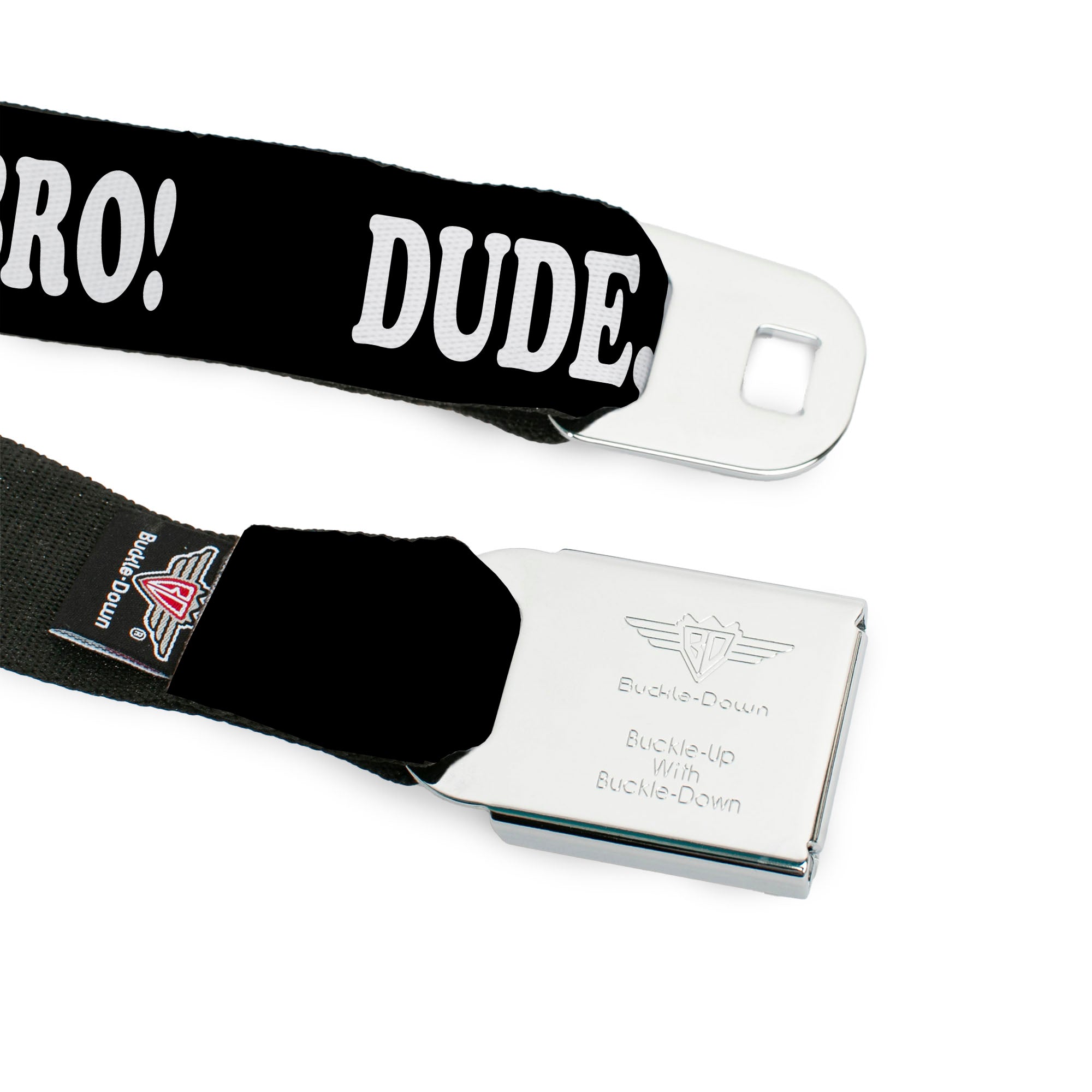 BD Wings Logo CLOSE-UP Full Color Black Silver Seatbelt Belt - DUDE, I'M NOT YOUR BRO! Black/White Webbing Seatbelt Belts Buckle-Down
