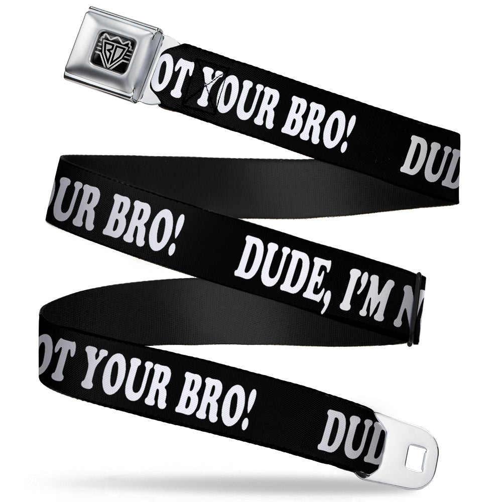 BD Wings Logo CLOSE-UP Full Color Black Silver Seatbelt Belt - DUDE, I'M NOT YOUR BRO! Black/White Webbing Seatbelt Belts Buckle-Down