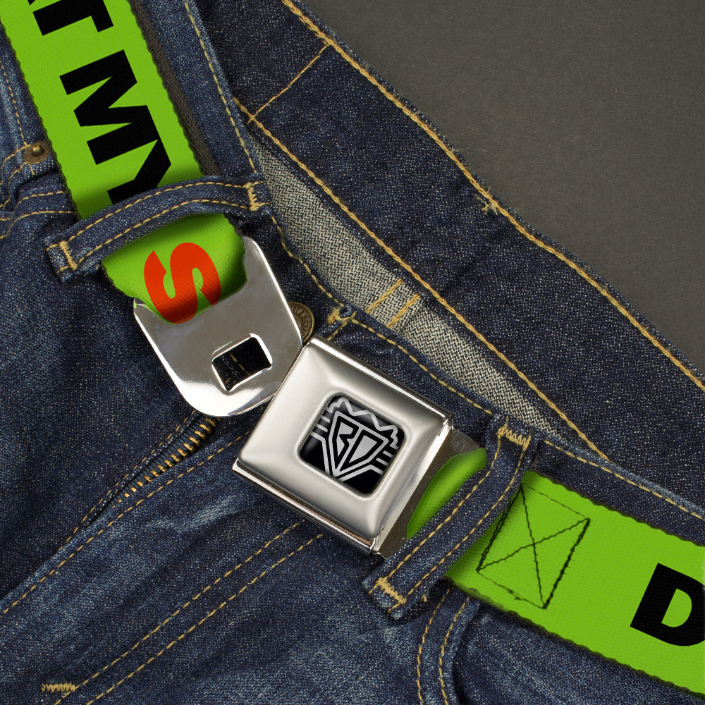BD Wings Logo CLOSE-UP Full Color Black Silver Seatbelt Belt - DON'T SWEAT MY SWAG Neon Green/Black/Red Webbing Seatbelt Belts Buckle-Down