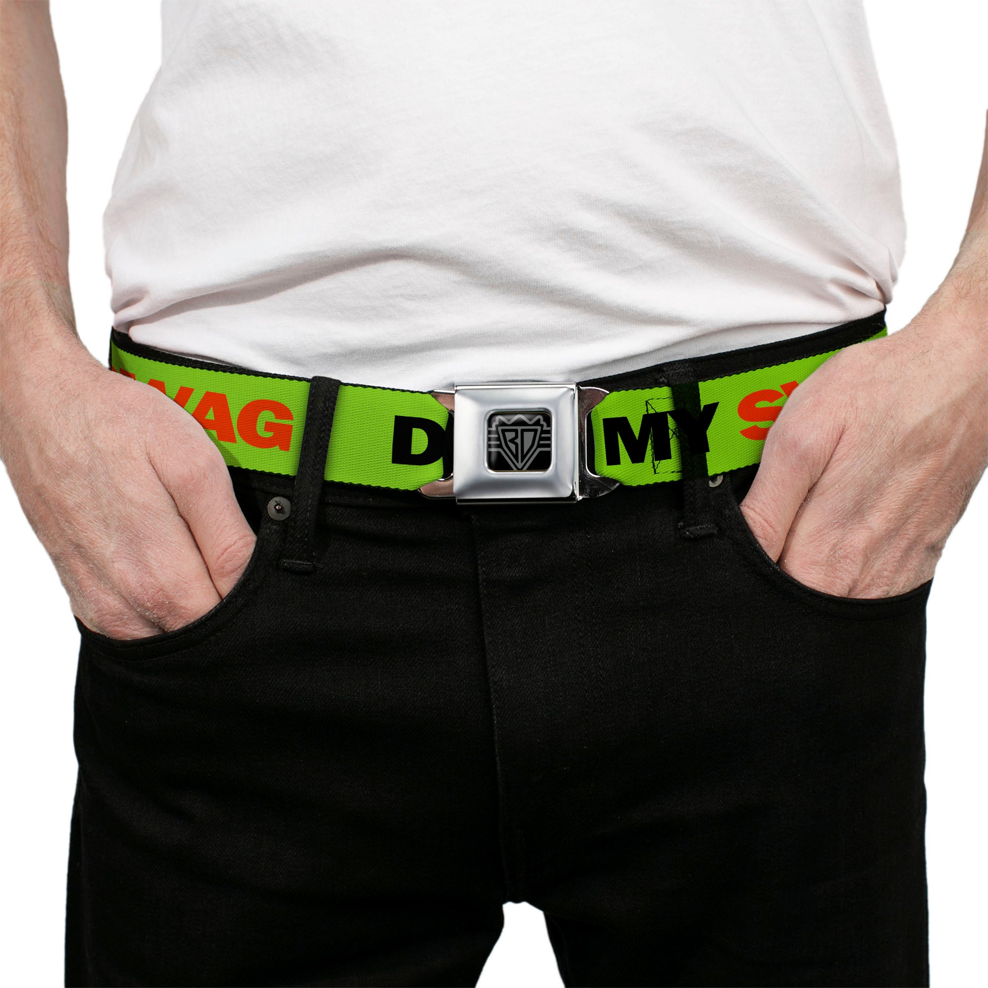 BD Wings Logo CLOSE-UP Full Color Black Silver Seatbelt Belt - DON'T SWEAT MY SWAG Neon Green/Black/Red Webbing Seatbelt Belts Buckle-Down