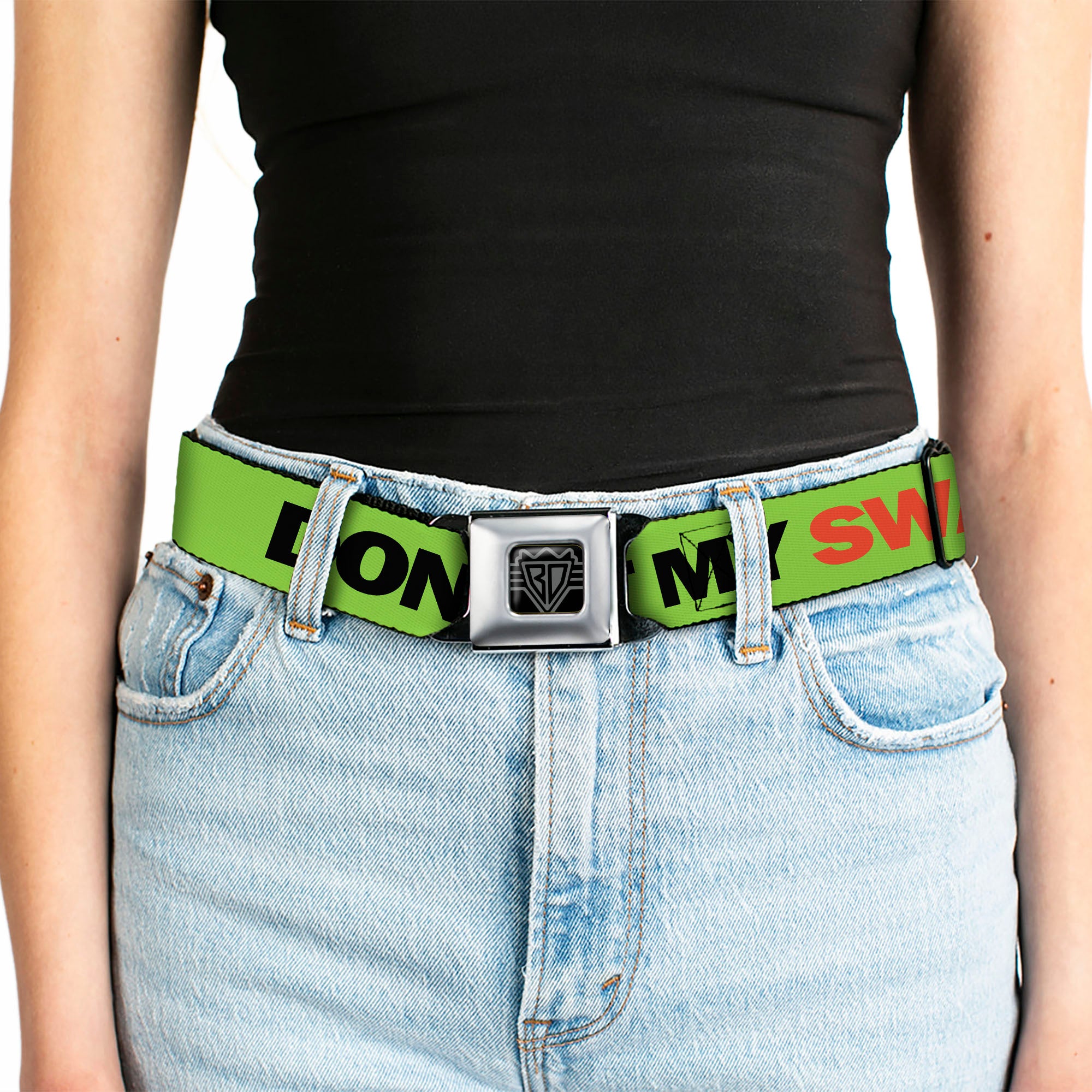 BD Wings Logo CLOSE-UP Full Color Black Silver Seatbelt Belt - DON'T SWEAT MY SWAG Neon Green/Black/Red Webbing Seatbelt Belts Buckle-Down