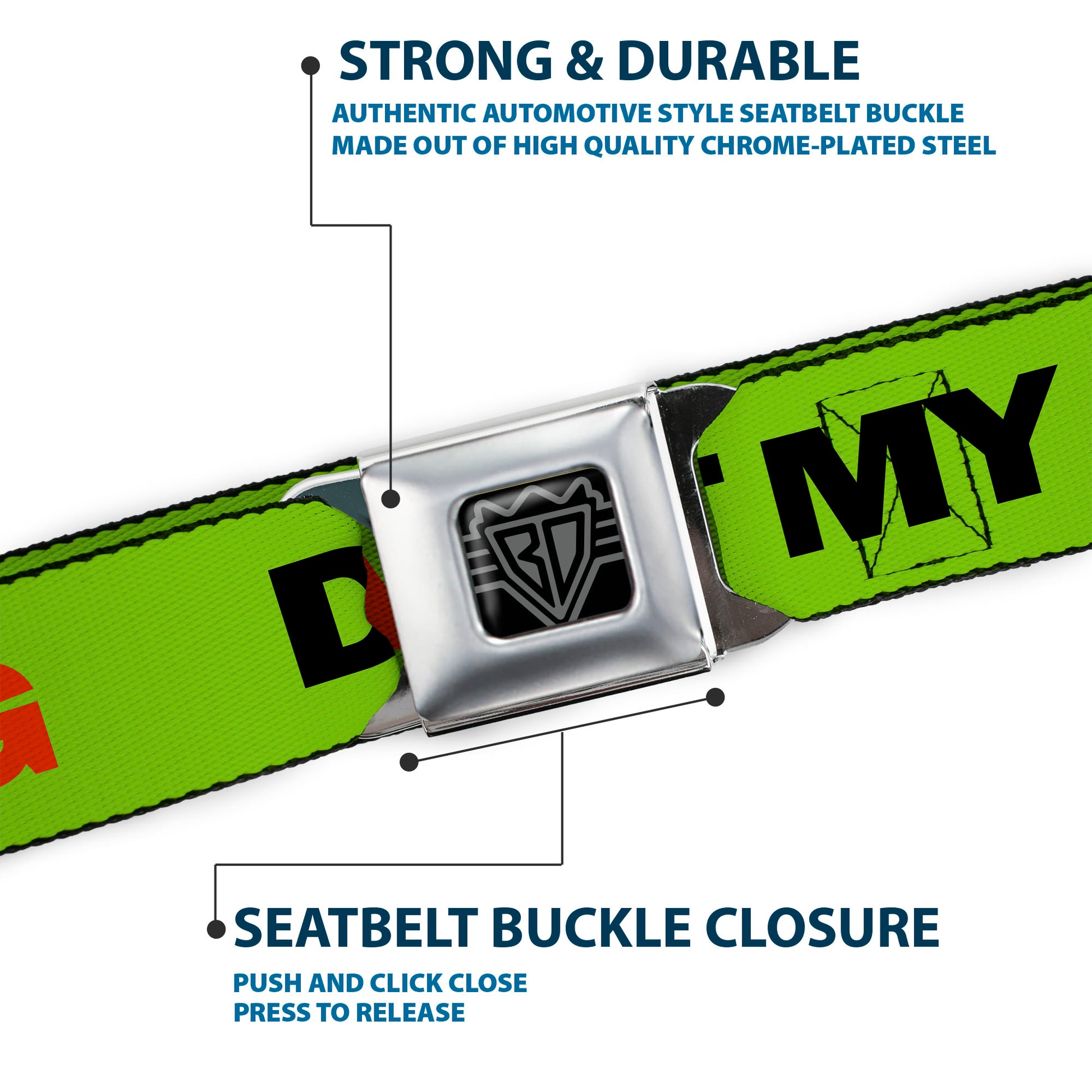 BD Wings Logo CLOSE-UP Full Color Black Silver Seatbelt Belt - DON'T SWEAT MY SWAG Neon Green/Black/Red Webbing Seatbelt Belts Buckle-Down