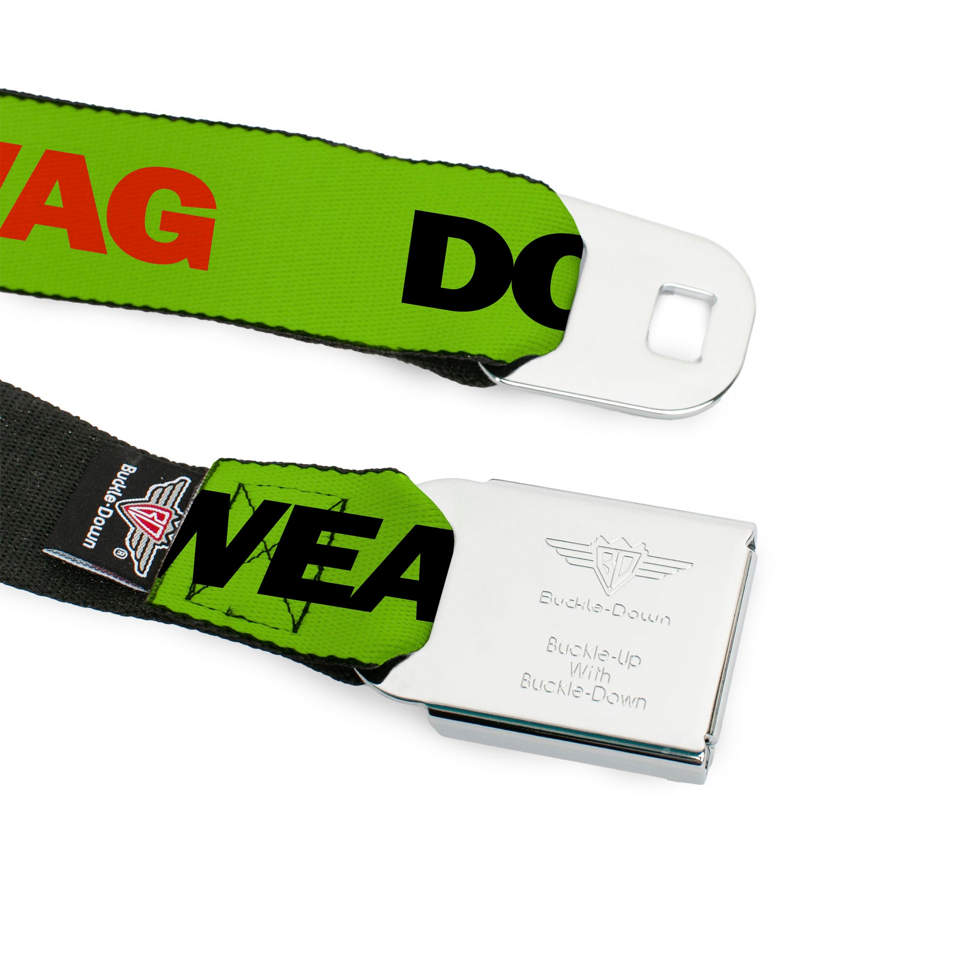 BD Wings Logo CLOSE-UP Full Color Black Silver Seatbelt Belt - DON'T SWEAT MY SWAG Neon Green/Black/Red Webbing Seatbelt Belts Buckle-Down
