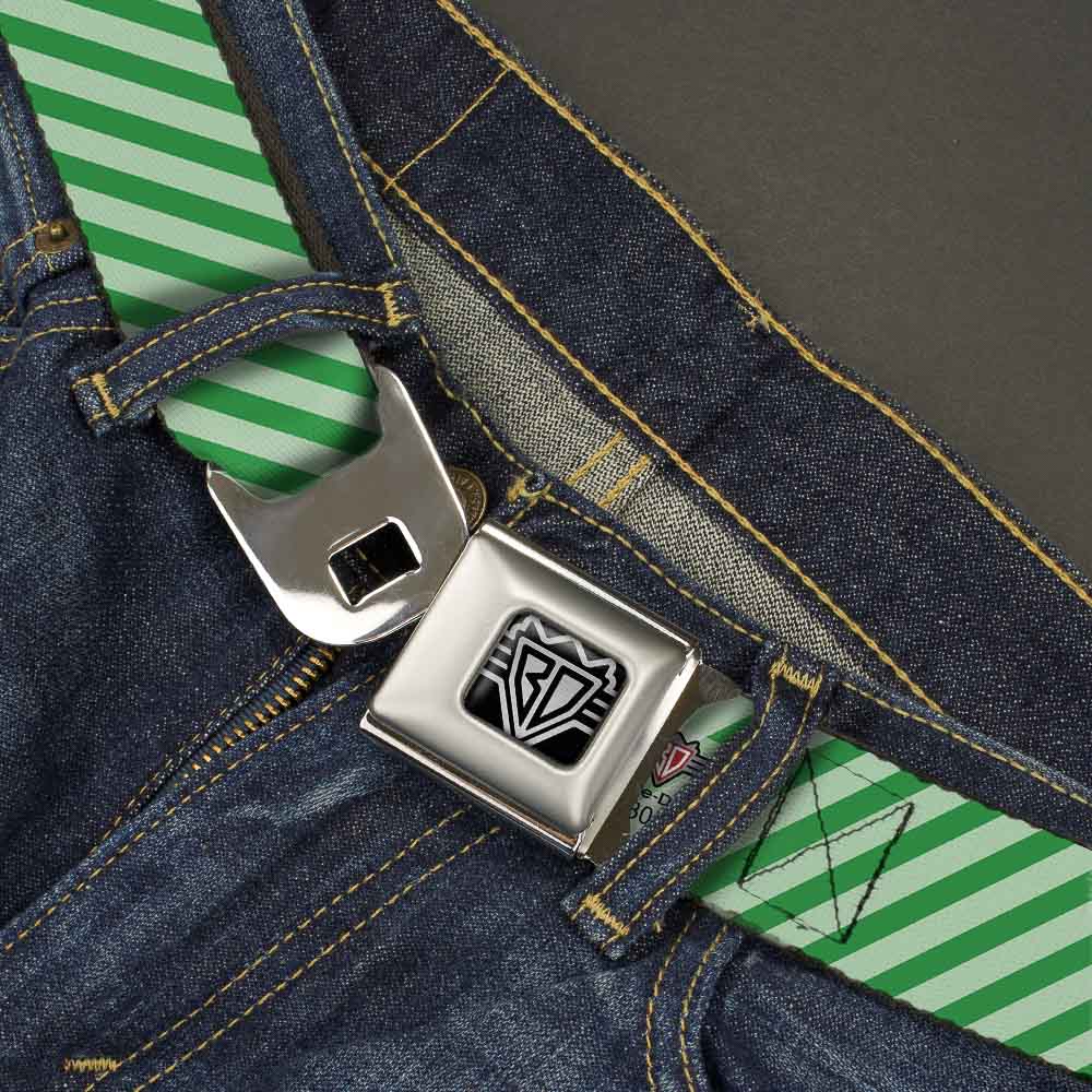BD Wings Logo CLOSE-UP Full Color Black Silver Seatbelt Belt - Diagonal Stripes Pastel Greens Webbing Seatbelt Belts Buckle-Down