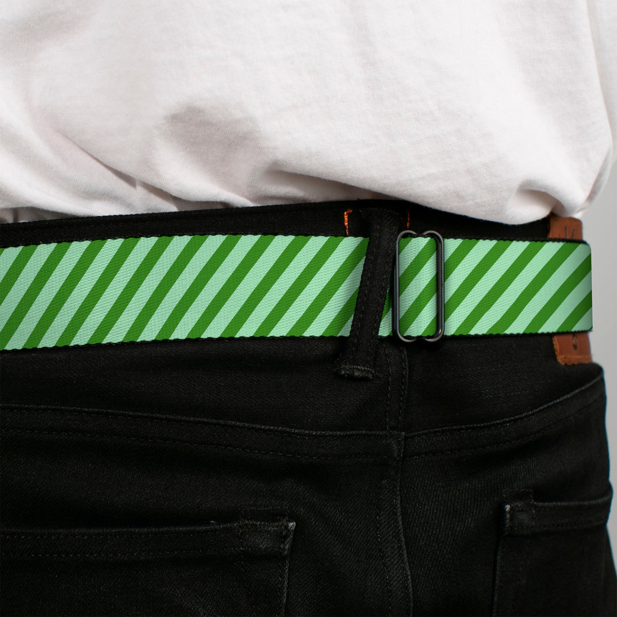 BD Wings Logo CLOSE-UP Full Color Black Silver Seatbelt Belt - Diagonal Stripes Pastel Greens Webbing Seatbelt Belts Buckle-Down